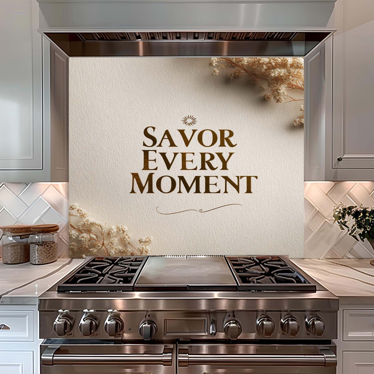 Stainless steel stove with decorative backsplash in a kitchen setting