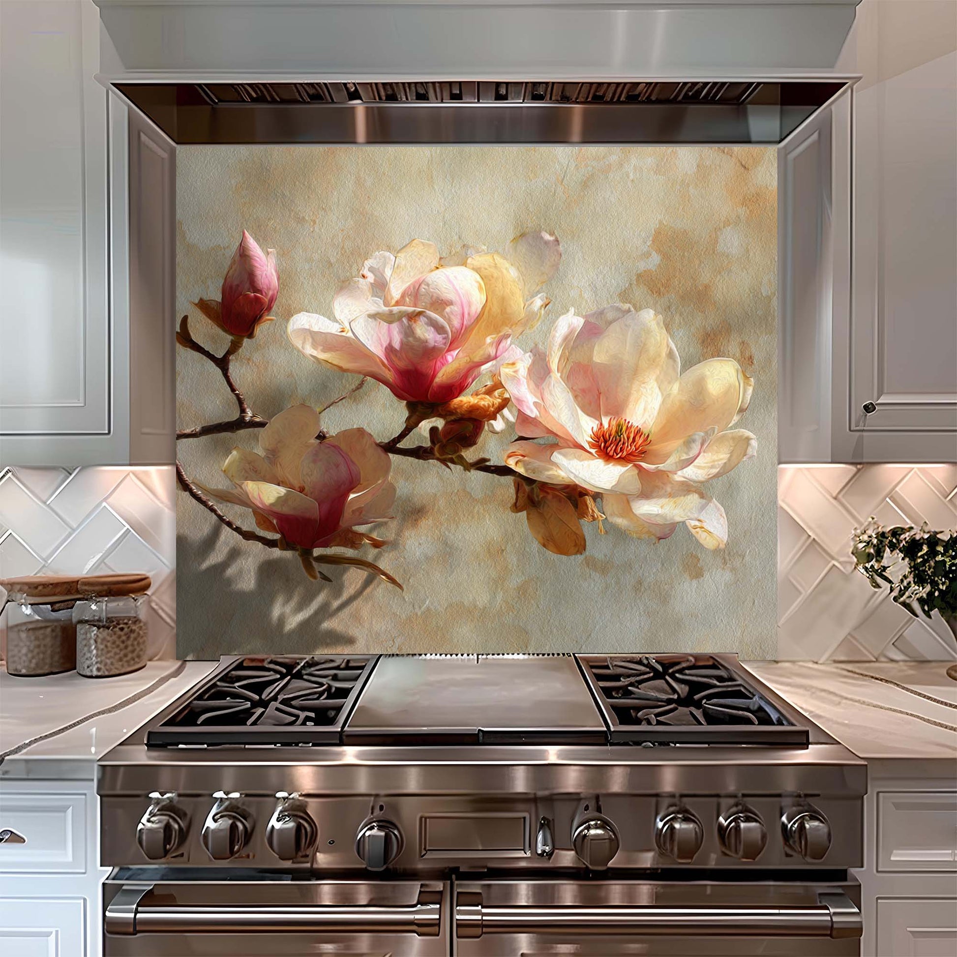 Stainless steel oven with floral design glass backsplash in a kitchen setting