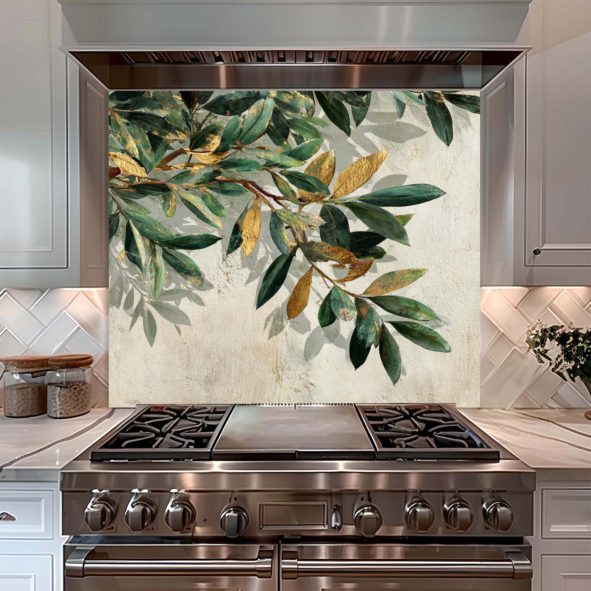 Stainless steel stove with decorative leaf pattern glass backsplash on the wall behind it in a kitchen setting.