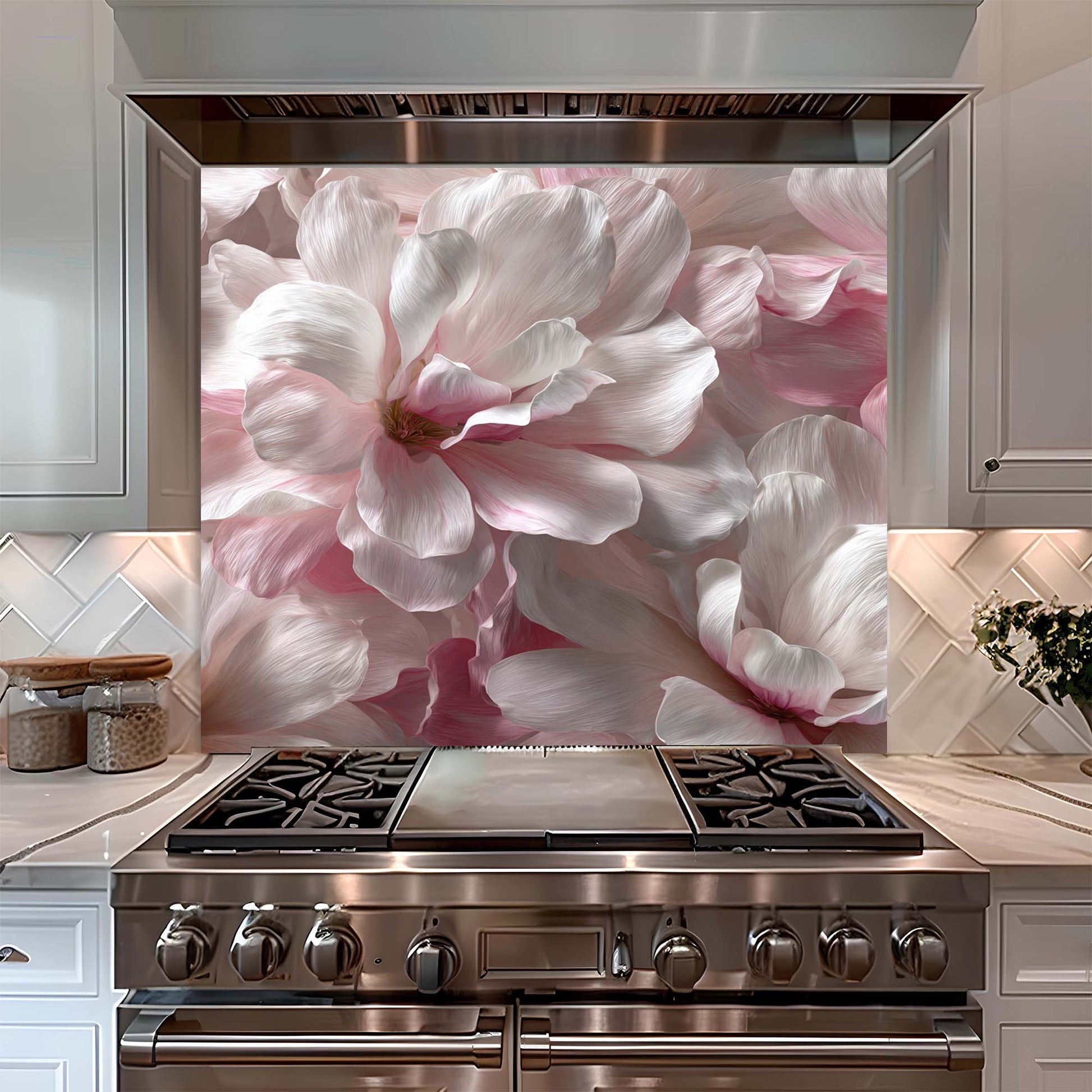 Stainless steel stove with floral design glass backsplash in a kitchen setting