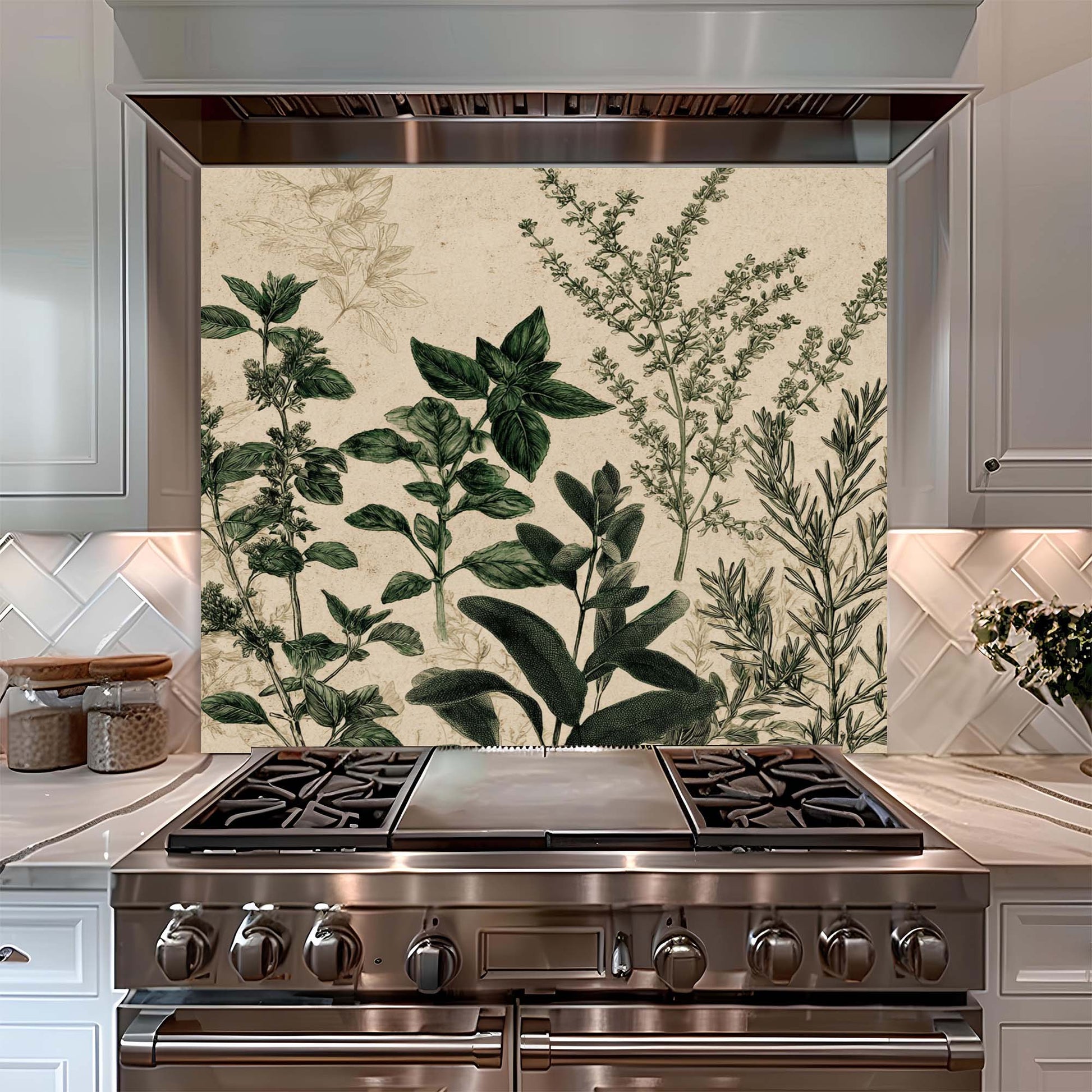 Stainless steel stove with botanical glass backsplash in a kitchen setting