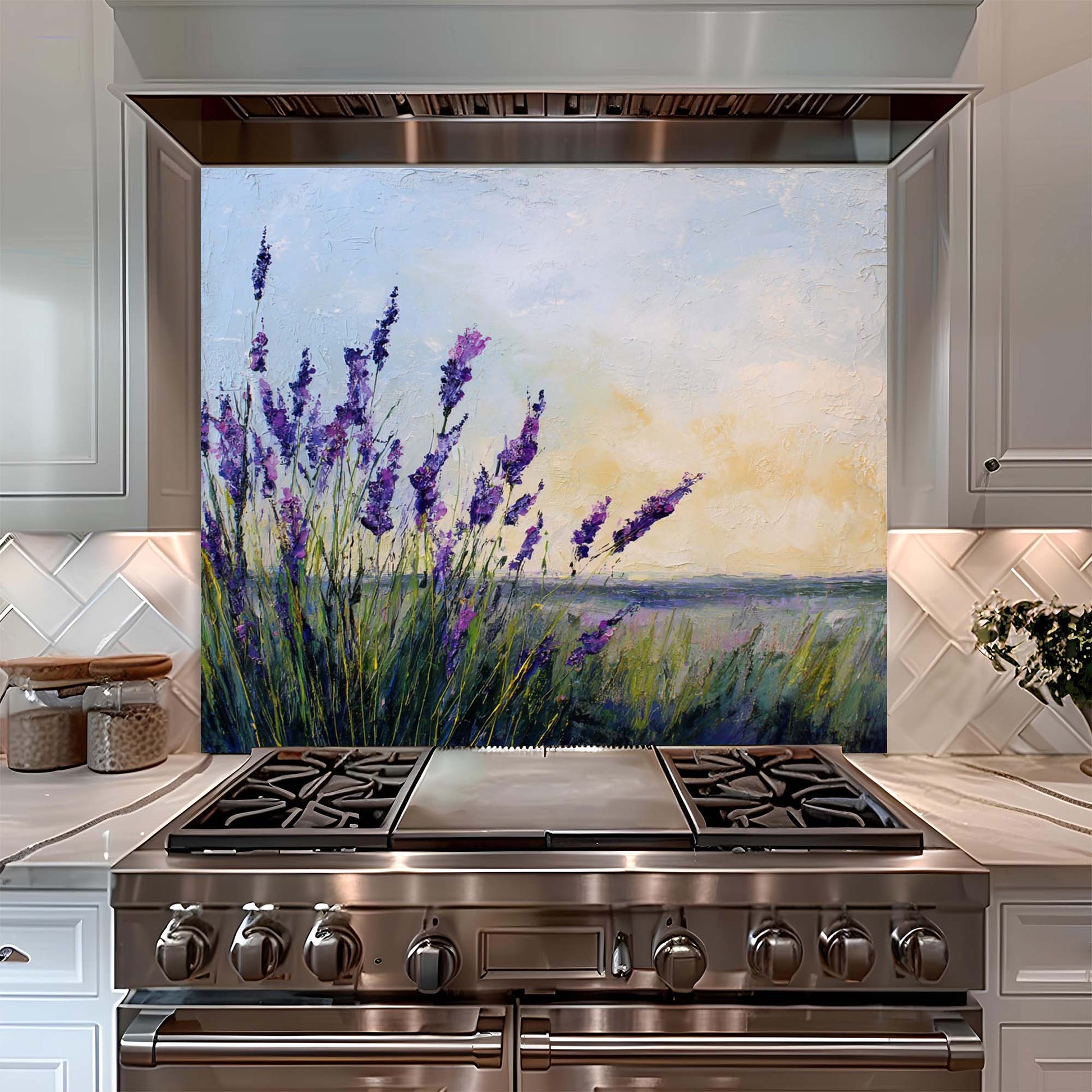 Stainless steel stove with a decorative glass backsplash featuring a lavender field painting in a kitchen setting.