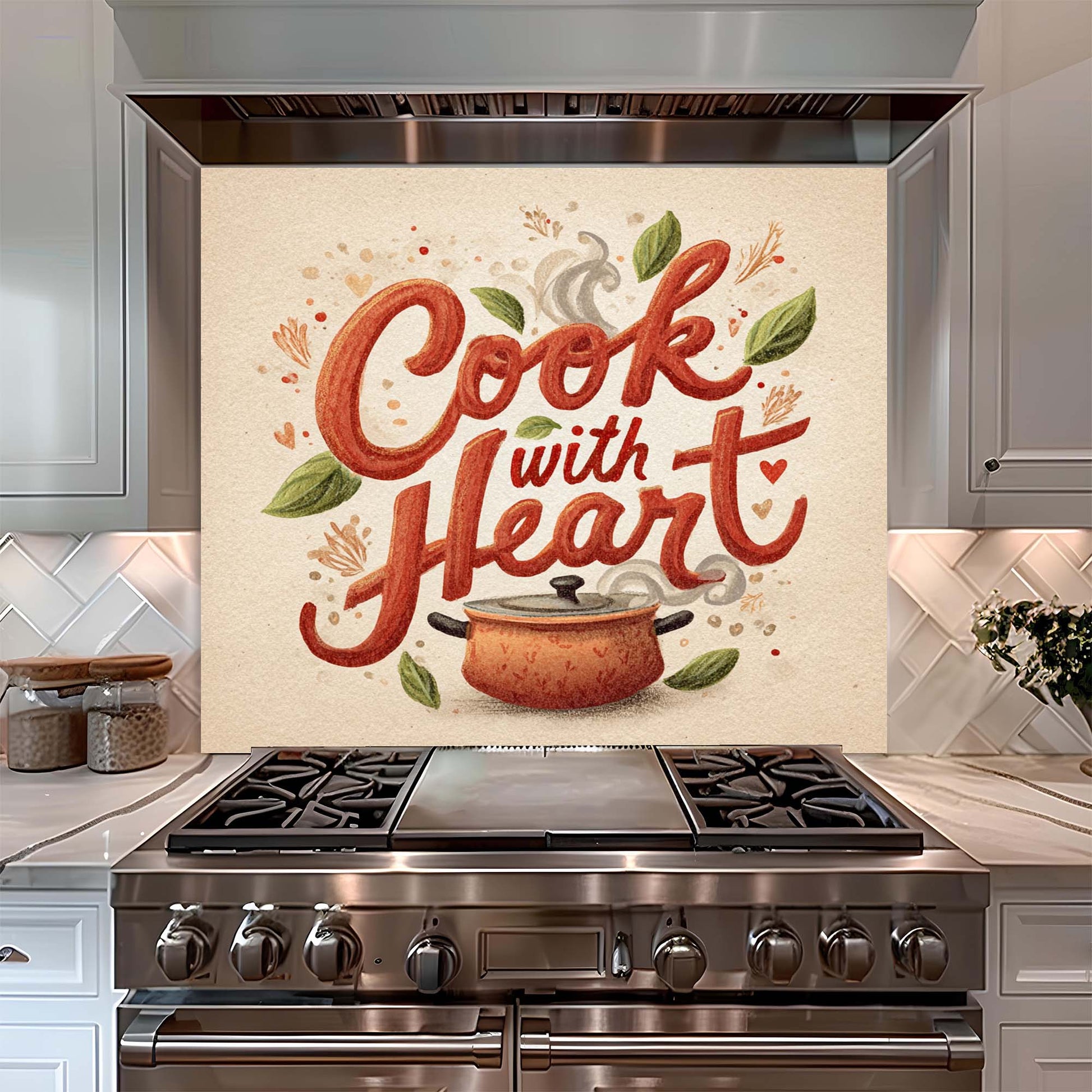 Stainless steel oven with decorative glass backsplash featuring the text 'Cook with Heart' in a kitchen setting.