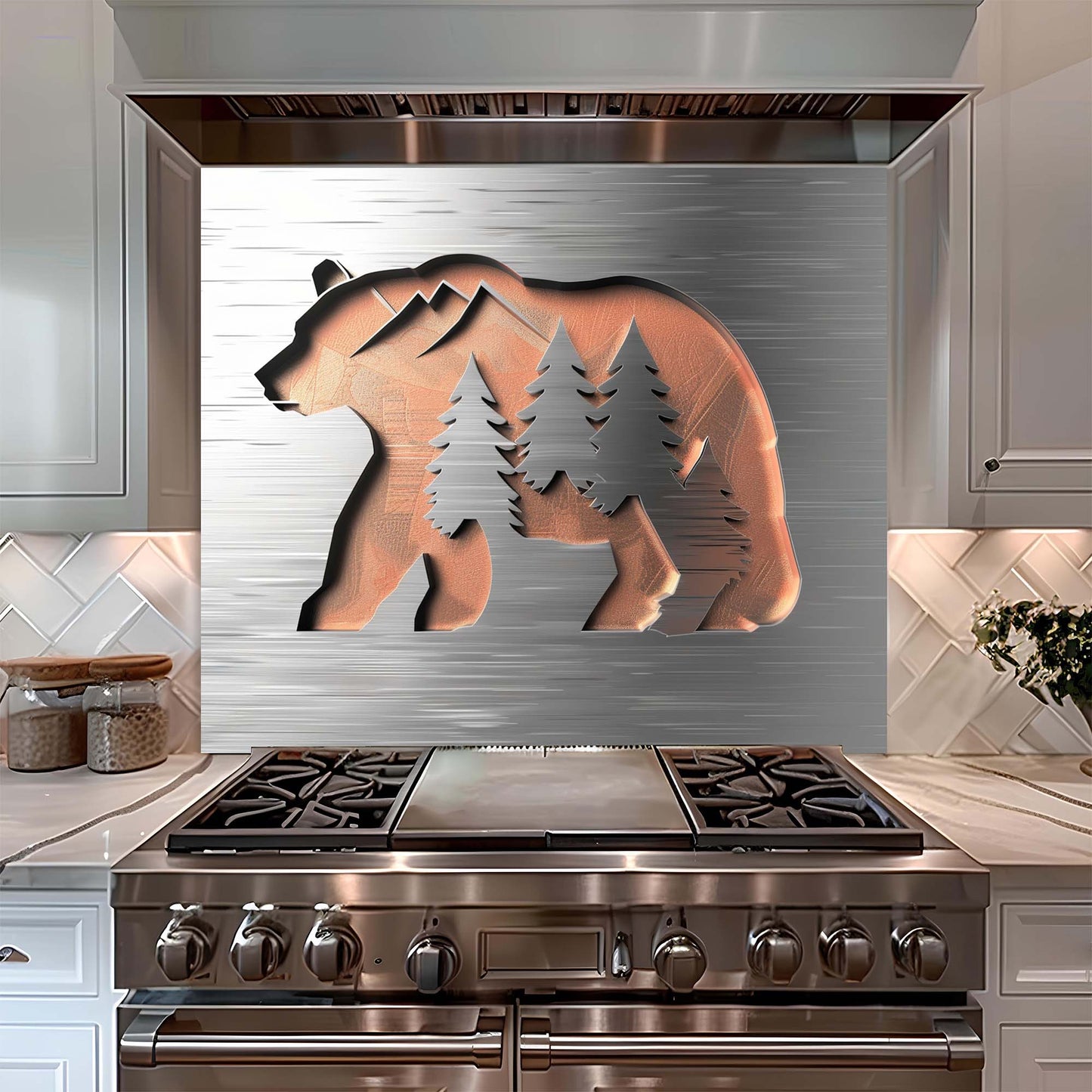 Stainless steel stove with bear and tree design on backsplash in a kitchen setting