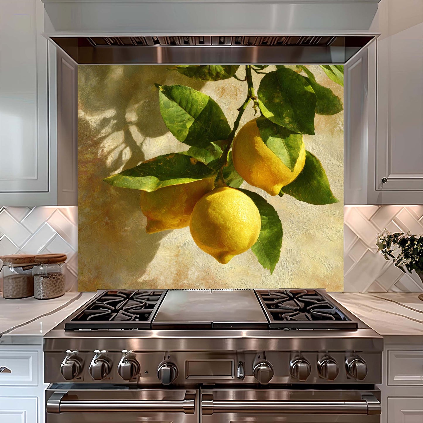 Stainless steel stove with a glass decorative backsplash featuring lemons and leaves