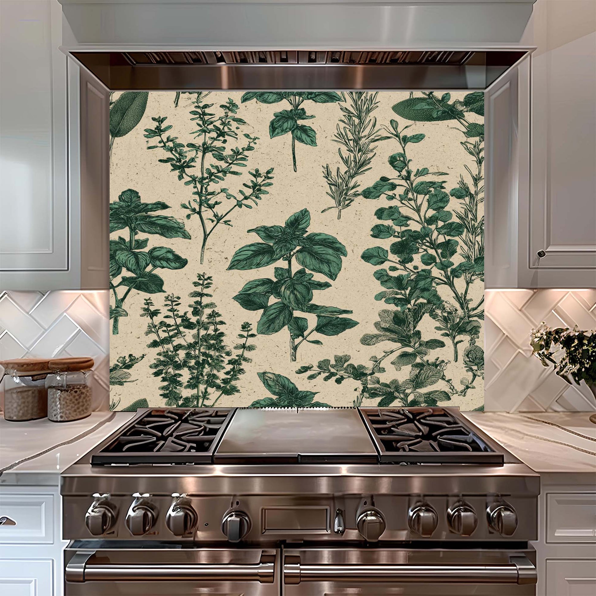 Stainless steel stove with a decorative glass backsplash featuring green leaf patterns.