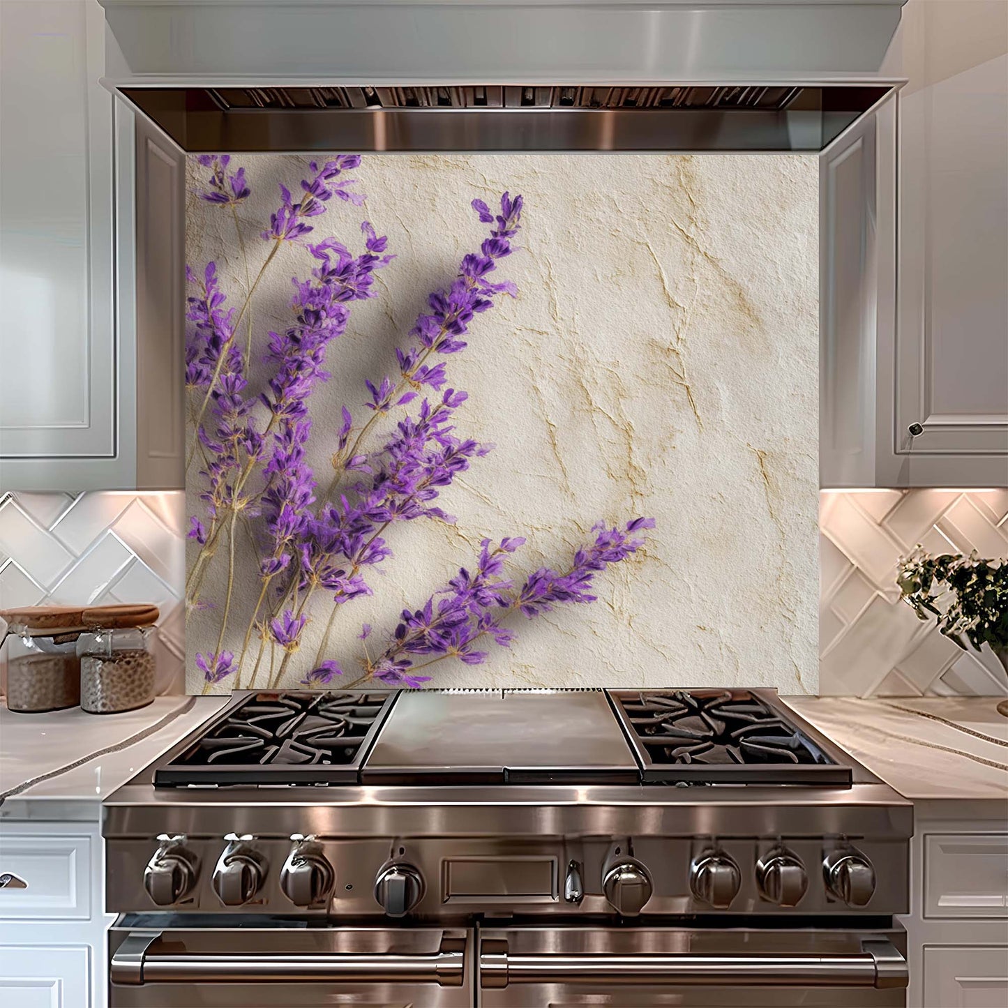 Stainless steel stove with decorative lavender backsplash in a kitchen setting