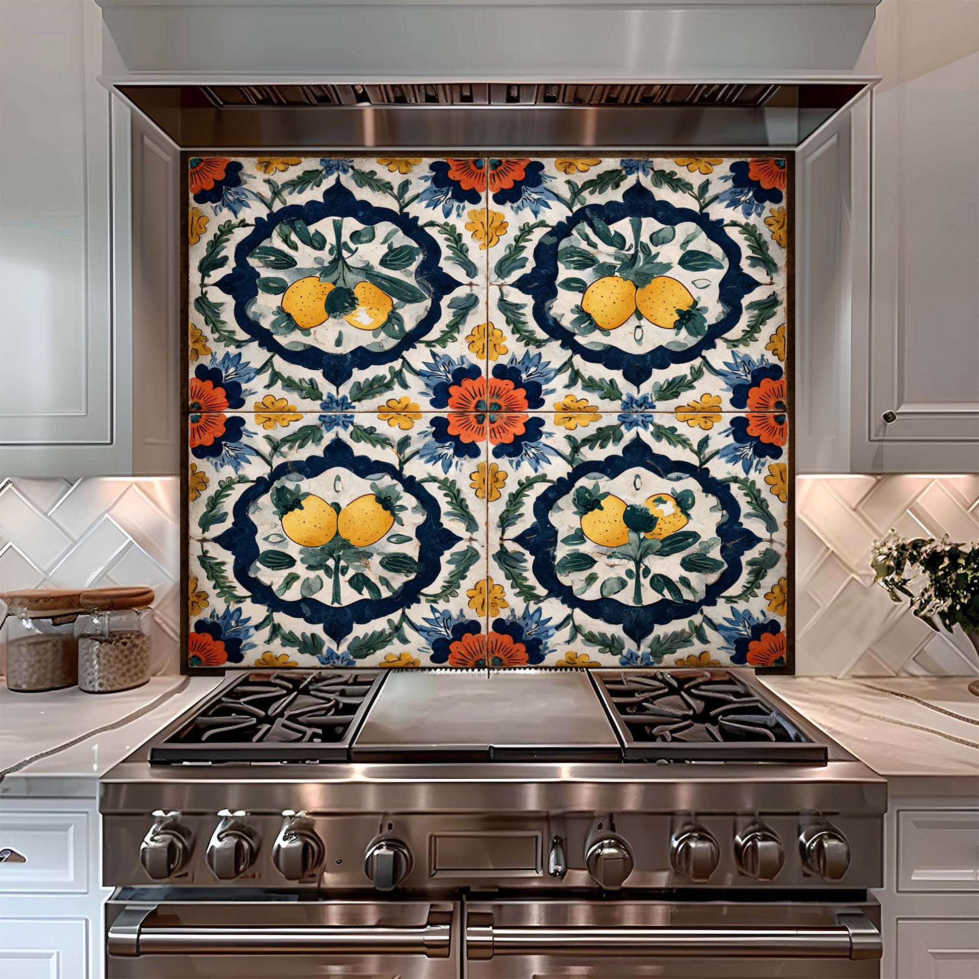 Stainless steel oven with decorative tile glass backsplash featuring lemons and floral patterns.