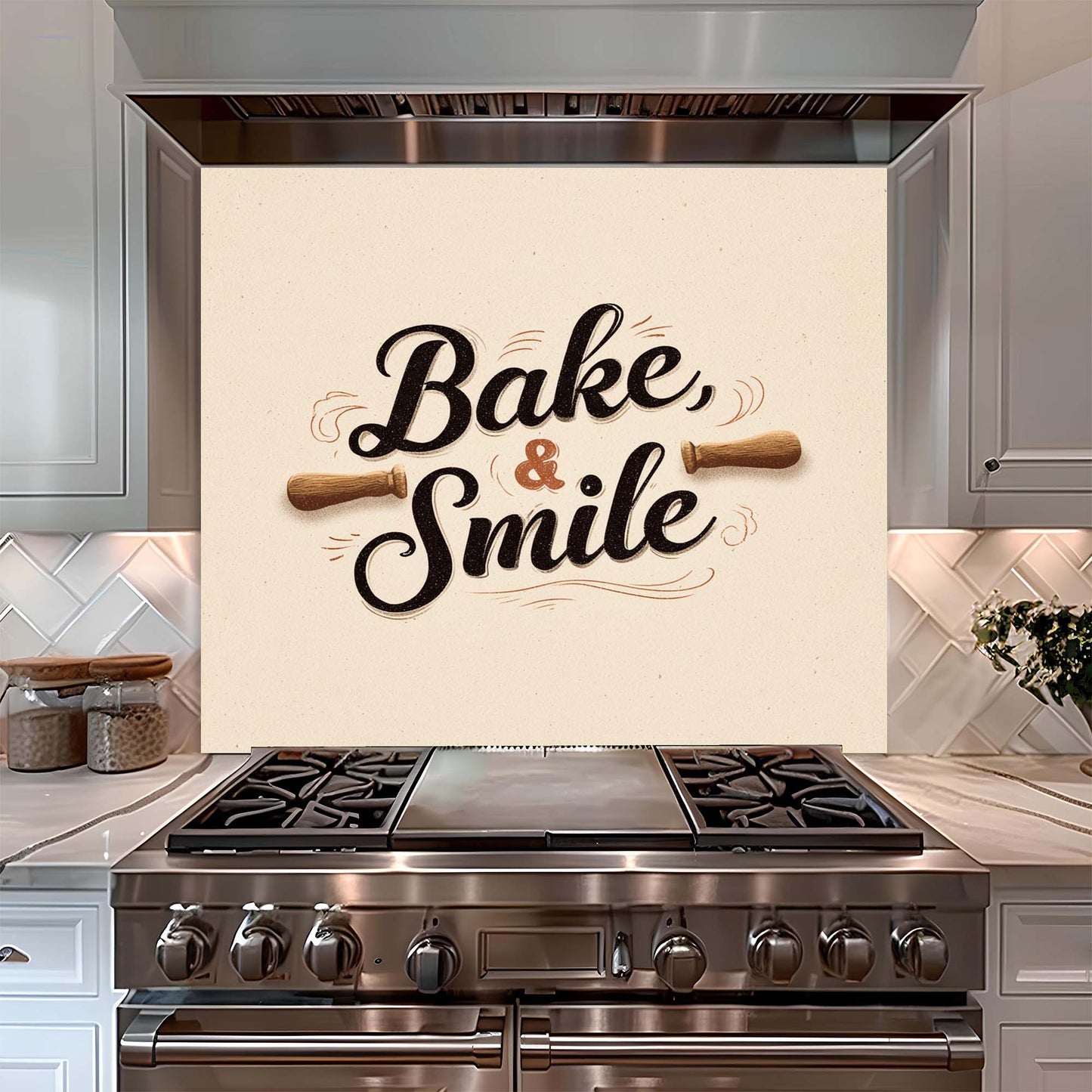 Stainless steel oven with 'Bake & Smile' decorative glass backsplash in a kitchen setting.