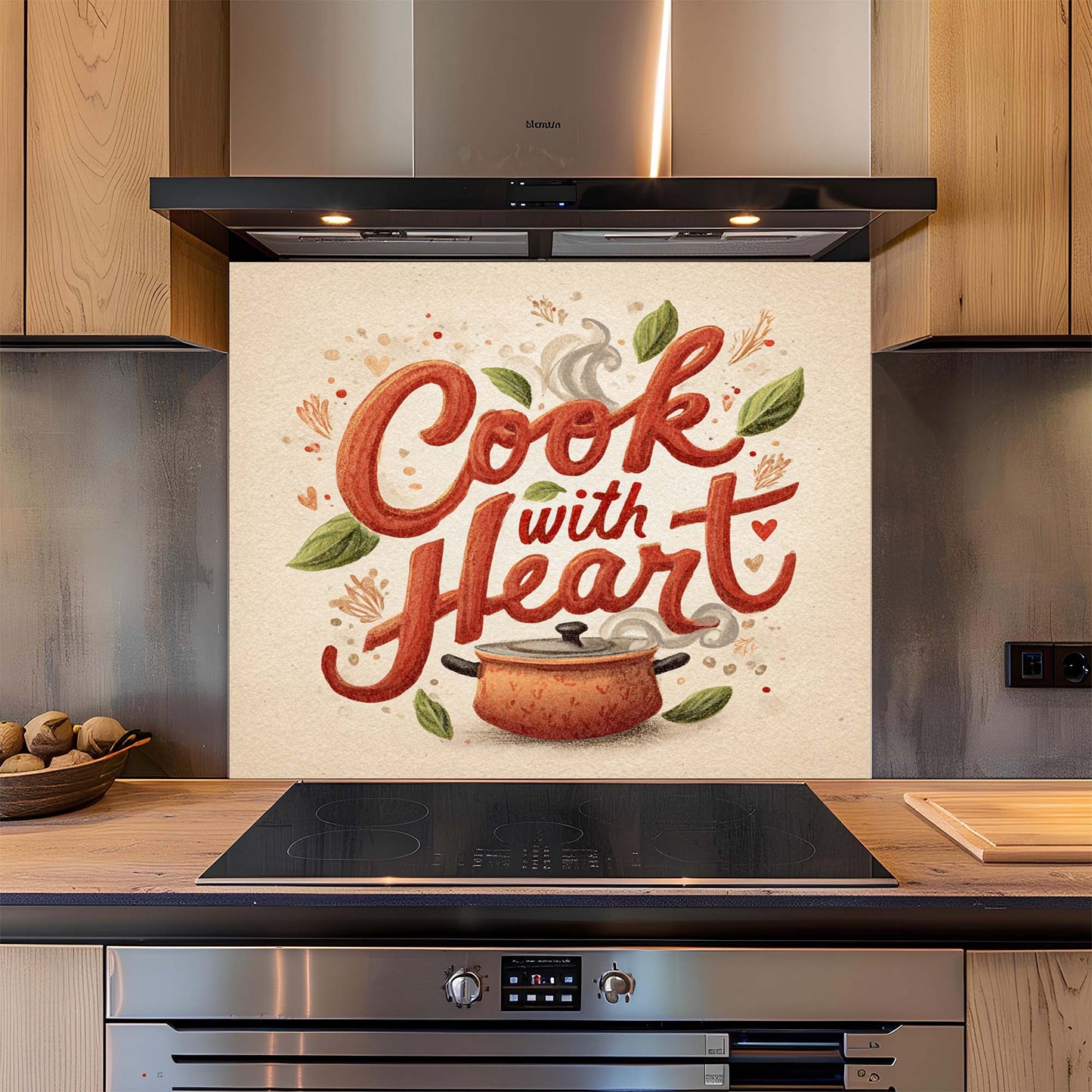 Kitchen backsplash with 'Cook with Heart' design featuring a pot and leaves.