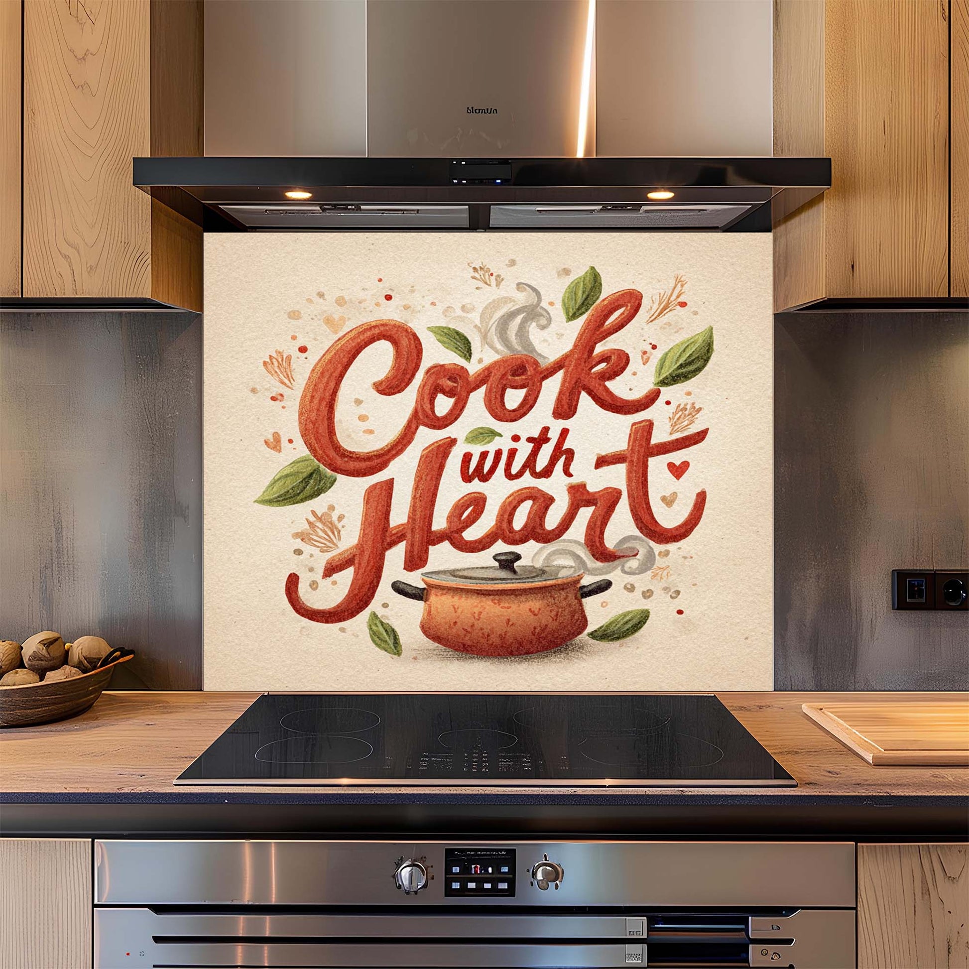 Kitchen backsplash with 'Cook with Heart' design featuring a pot and leaves.