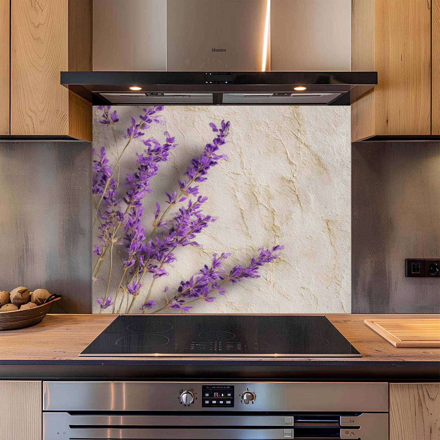 Modern kitchen with a decorative backsplash featuring purple flowers and marble pattern.