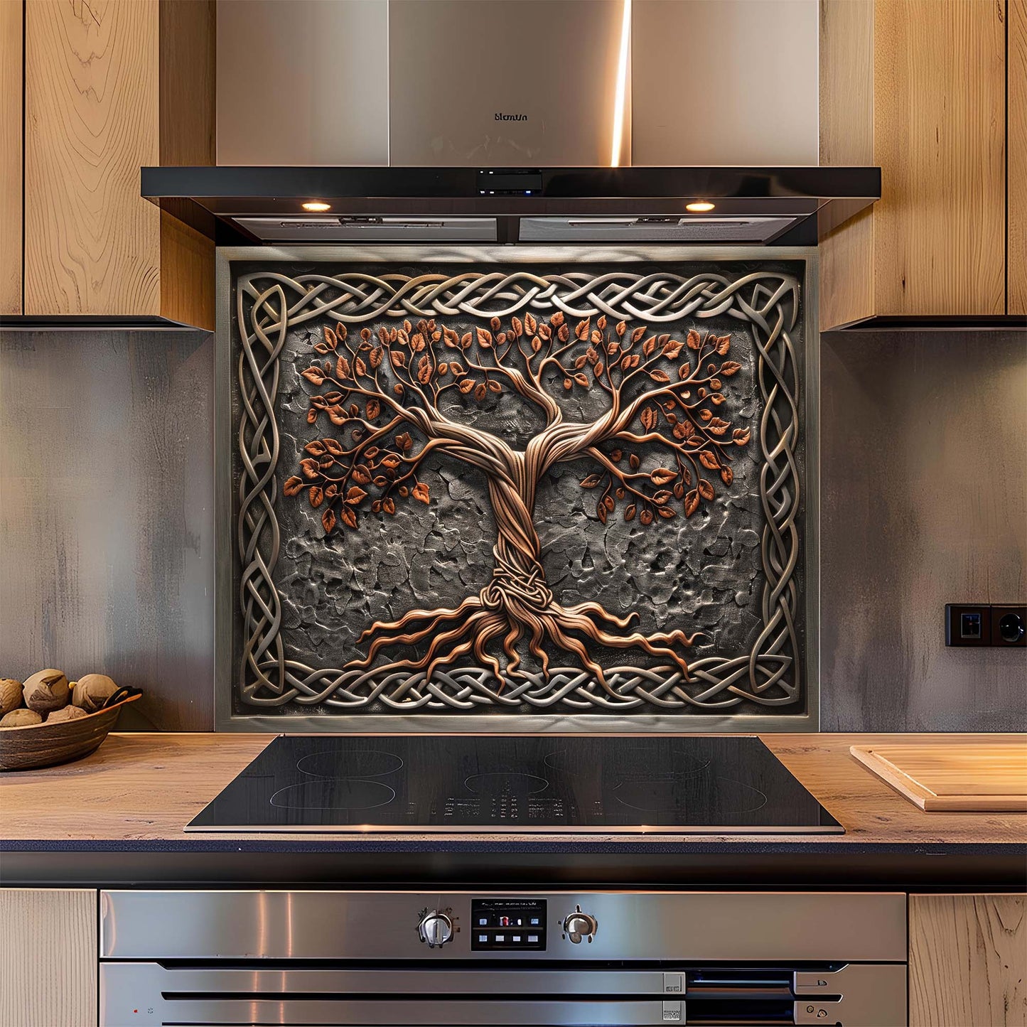 Decorative glass backsplash with tree design in a modern kitchen