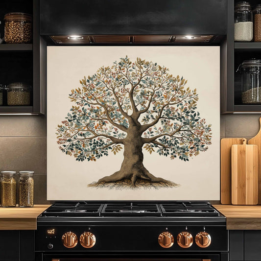 Glass backsplash of a tree on a kitchen wall with a black stove below.