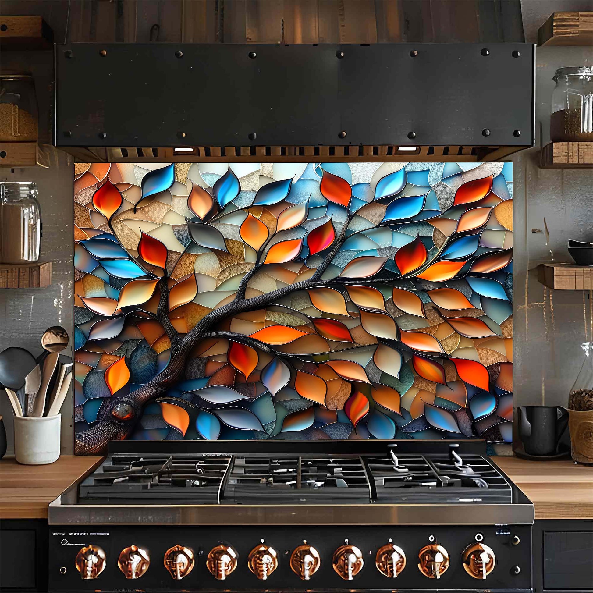 Stainless steel stove with colorful leaf-patterned glass backsplash in a kitchen setting