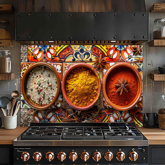 Stove with decorative glass backsplash featuring spices and a colorful tile pattern.