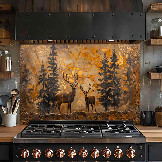 Stainless steel stove with decorative deer glass backsplash on the wall in a kitchen setting.