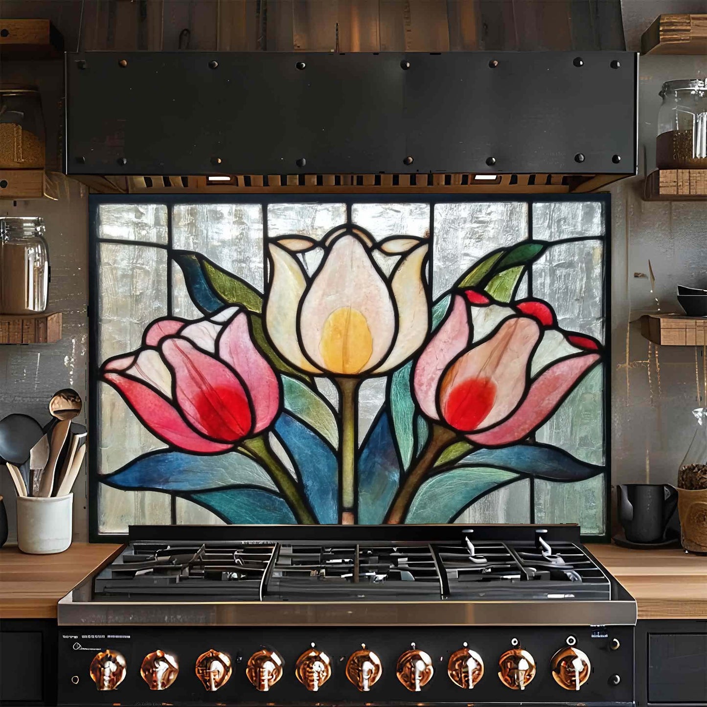 Stainless steel stove with a decorative glass backsplash featuring tulips in a kitchen setting.