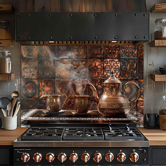 Stainless steel stove with copper knobs glass backsplash in a kitchen setting with decorative tiles.