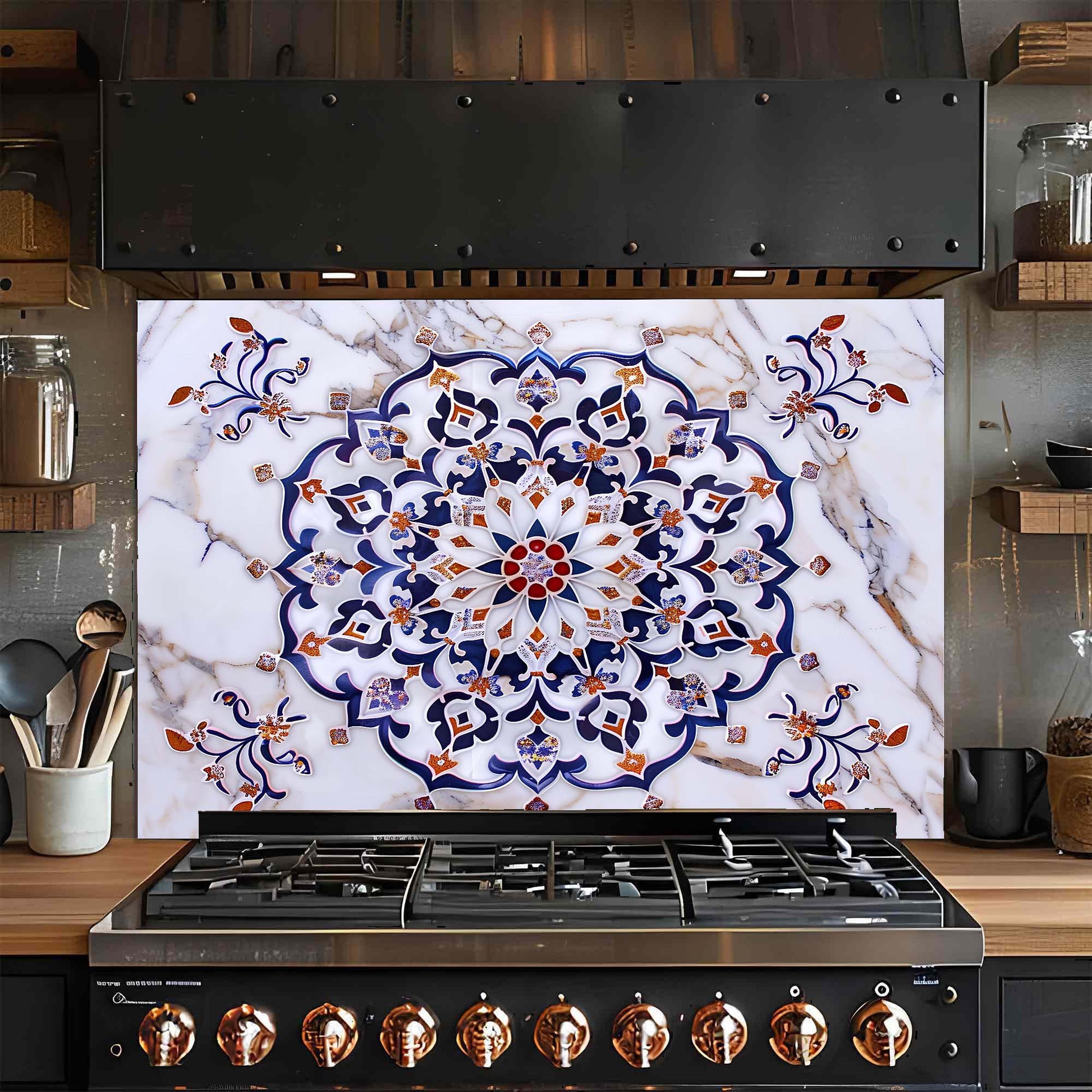 Decorative glass backsplash with intricate blue and orange pattern above a stove in a kitchen.
