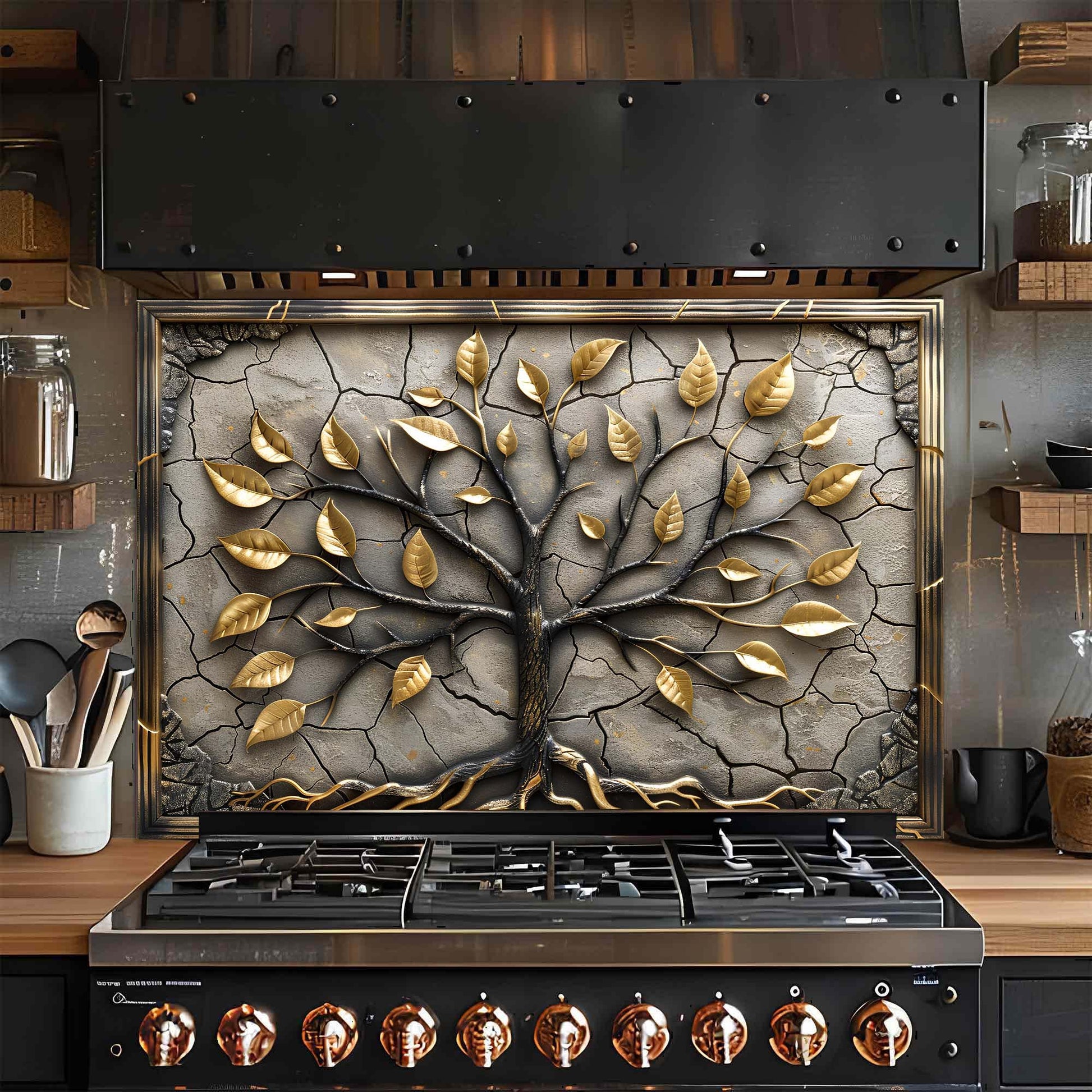 Decorative glass backsplash with a tree design above a stove in a kitchen.