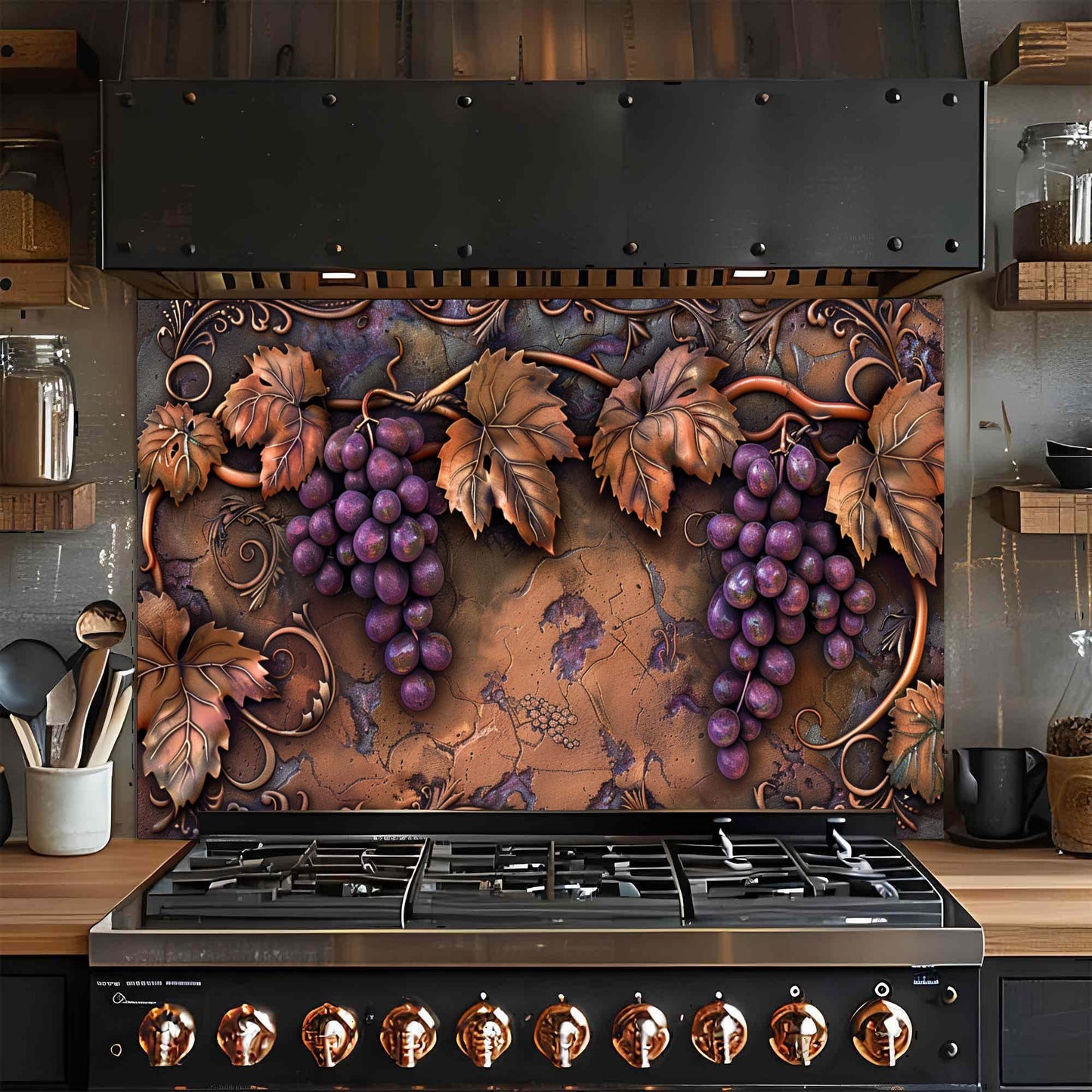 Decorative glass backsplash with grapes and leaves above a stove in a kitchen.