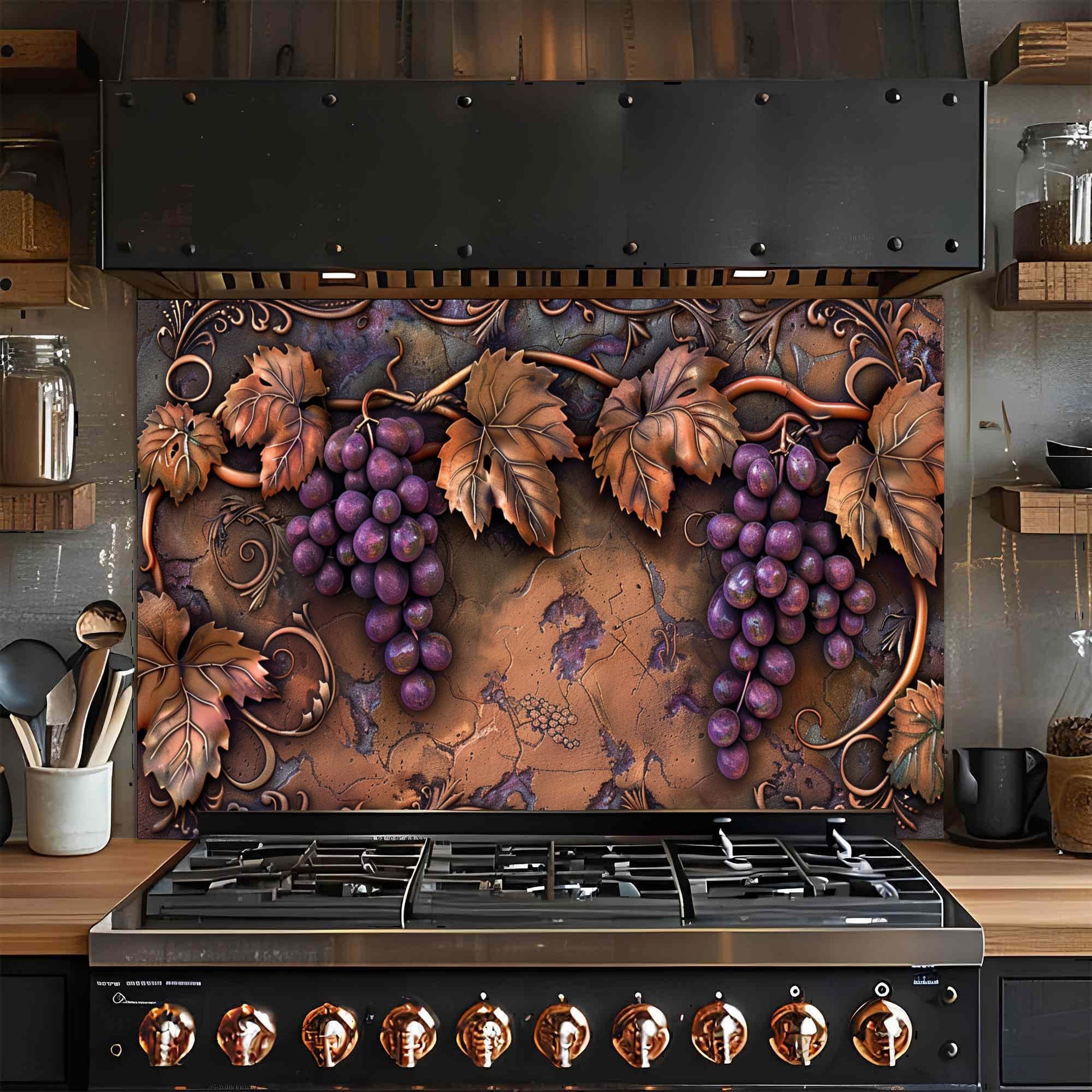 Decorative glass backsplash with grapes and leaves above a stove in a kitchen.