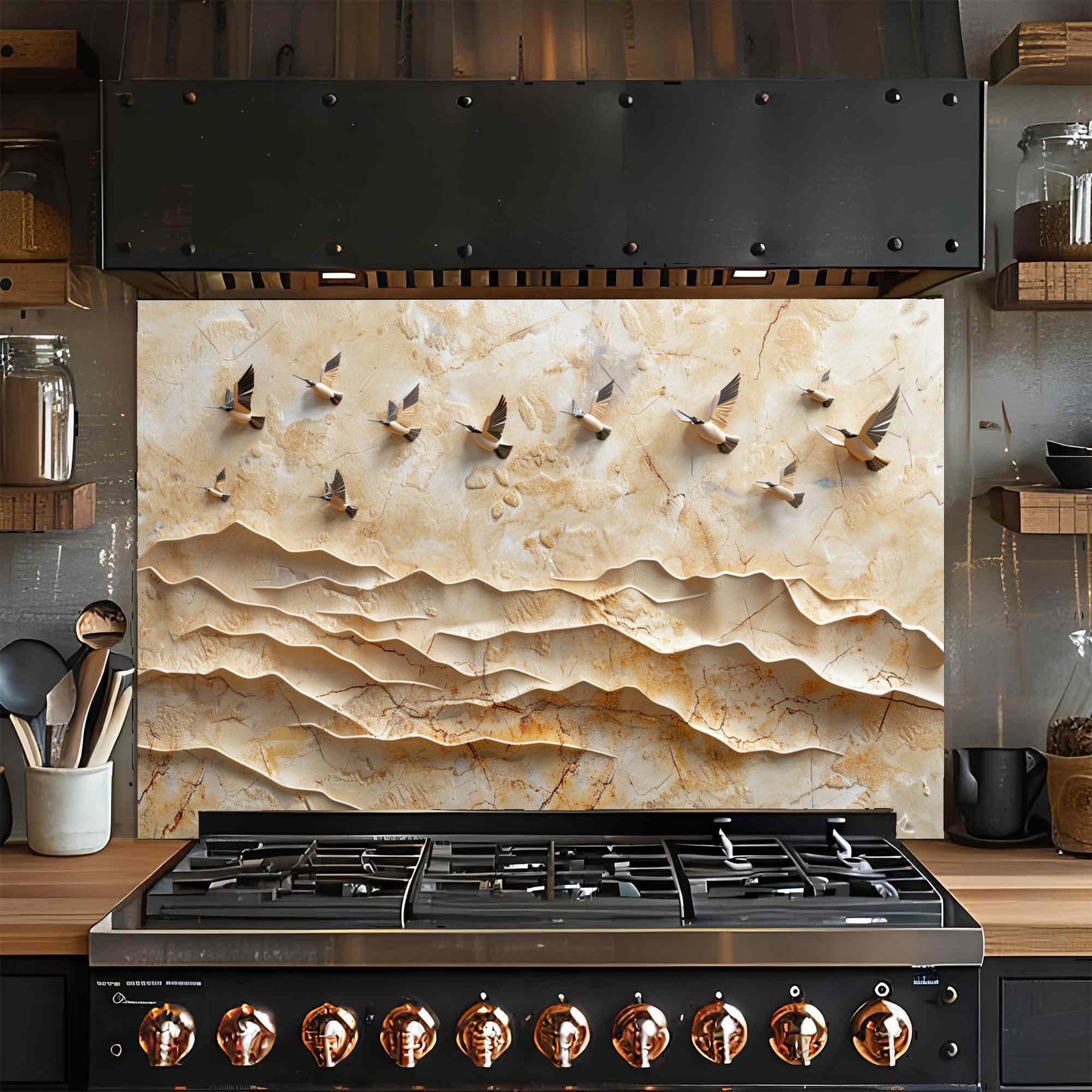Stainless steel gas stove with decorative glass backsplash in a kitchen setting