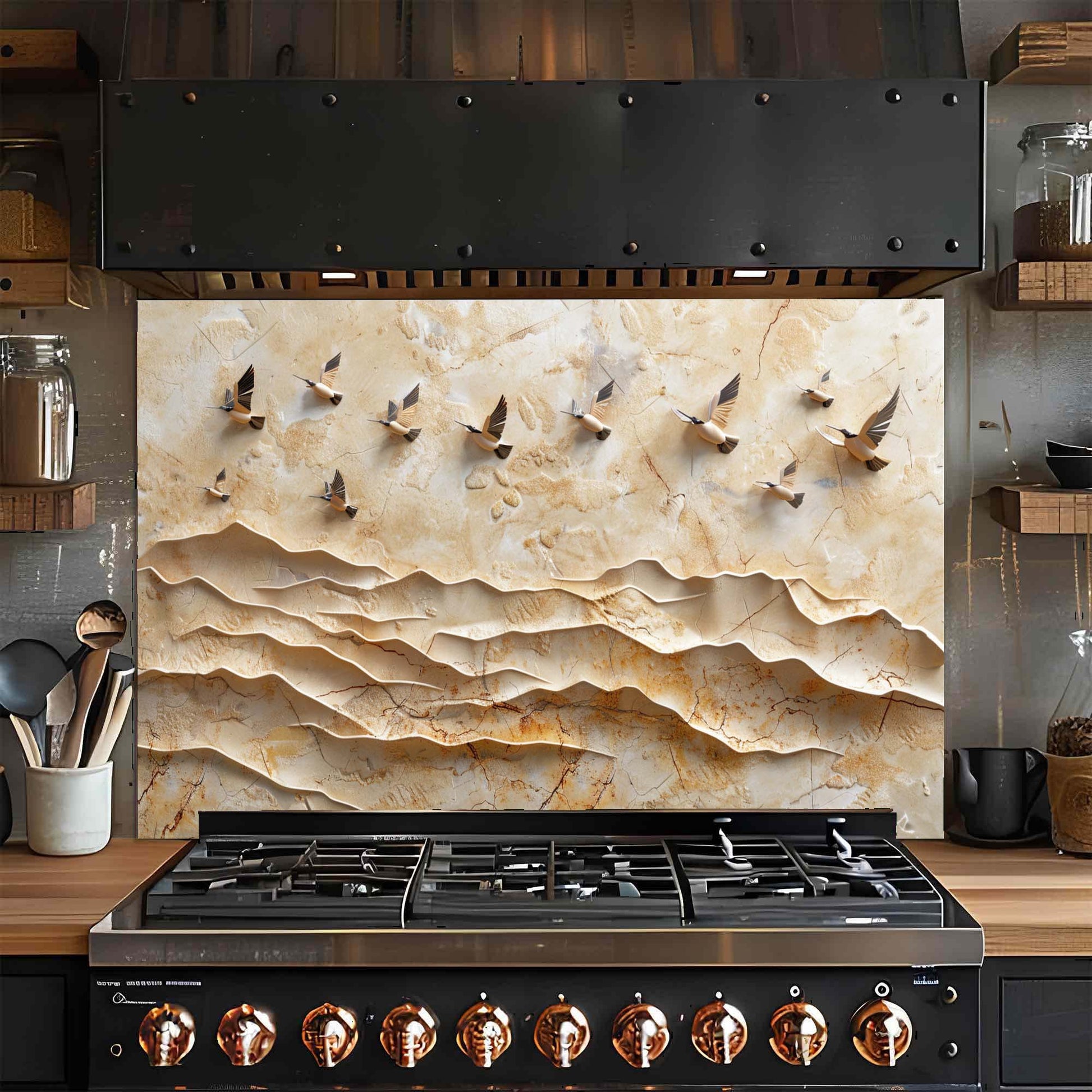 Stainless steel gas stove with decorative glass backsplash in a kitchen setting