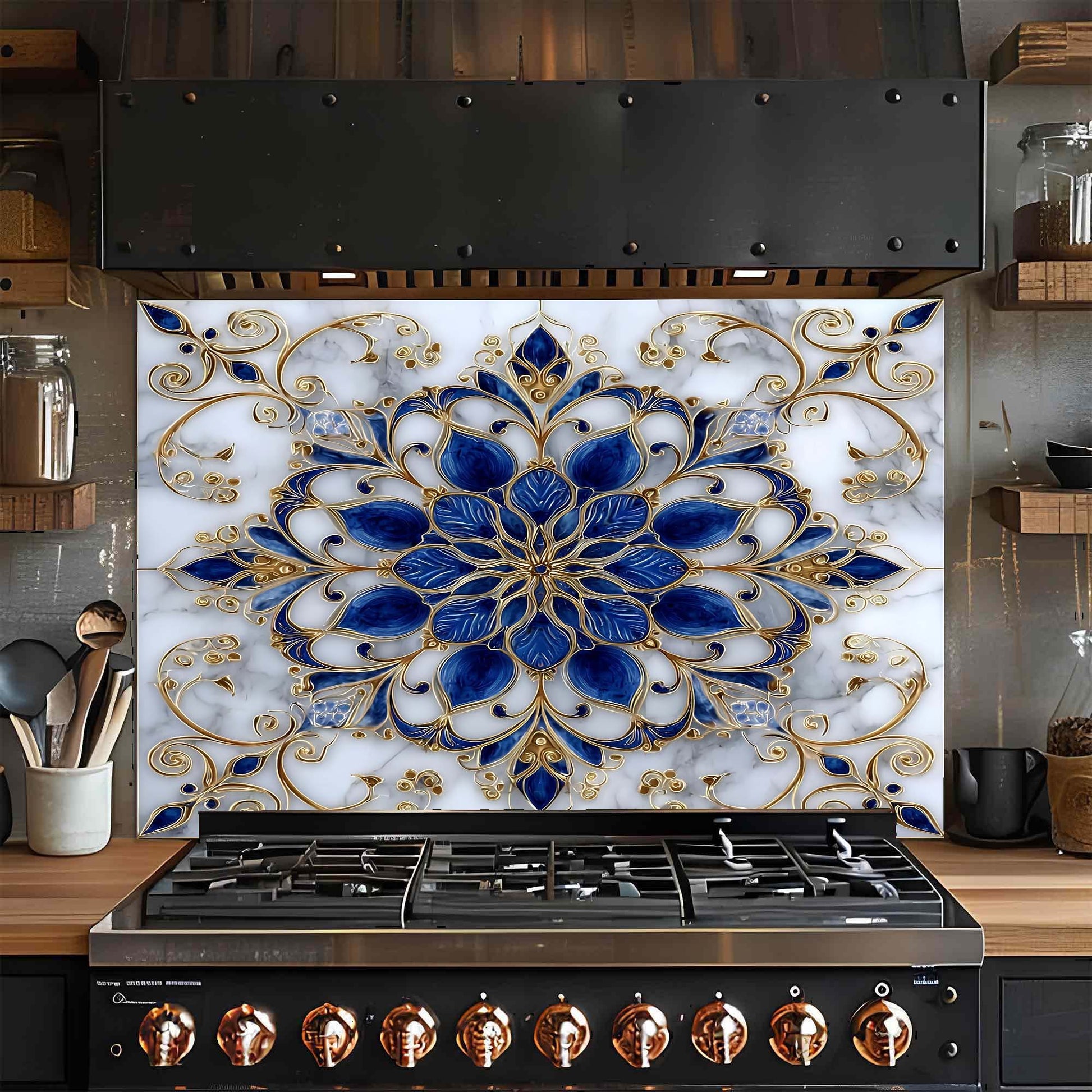 Decorative glass backsplash with blue and gold floral pattern above a stove in a kitchen.