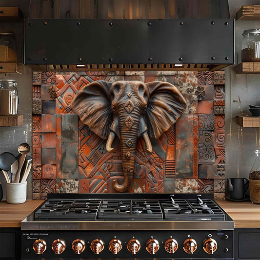 Stove with decorative elephant glass backsplash in a kitchen setting