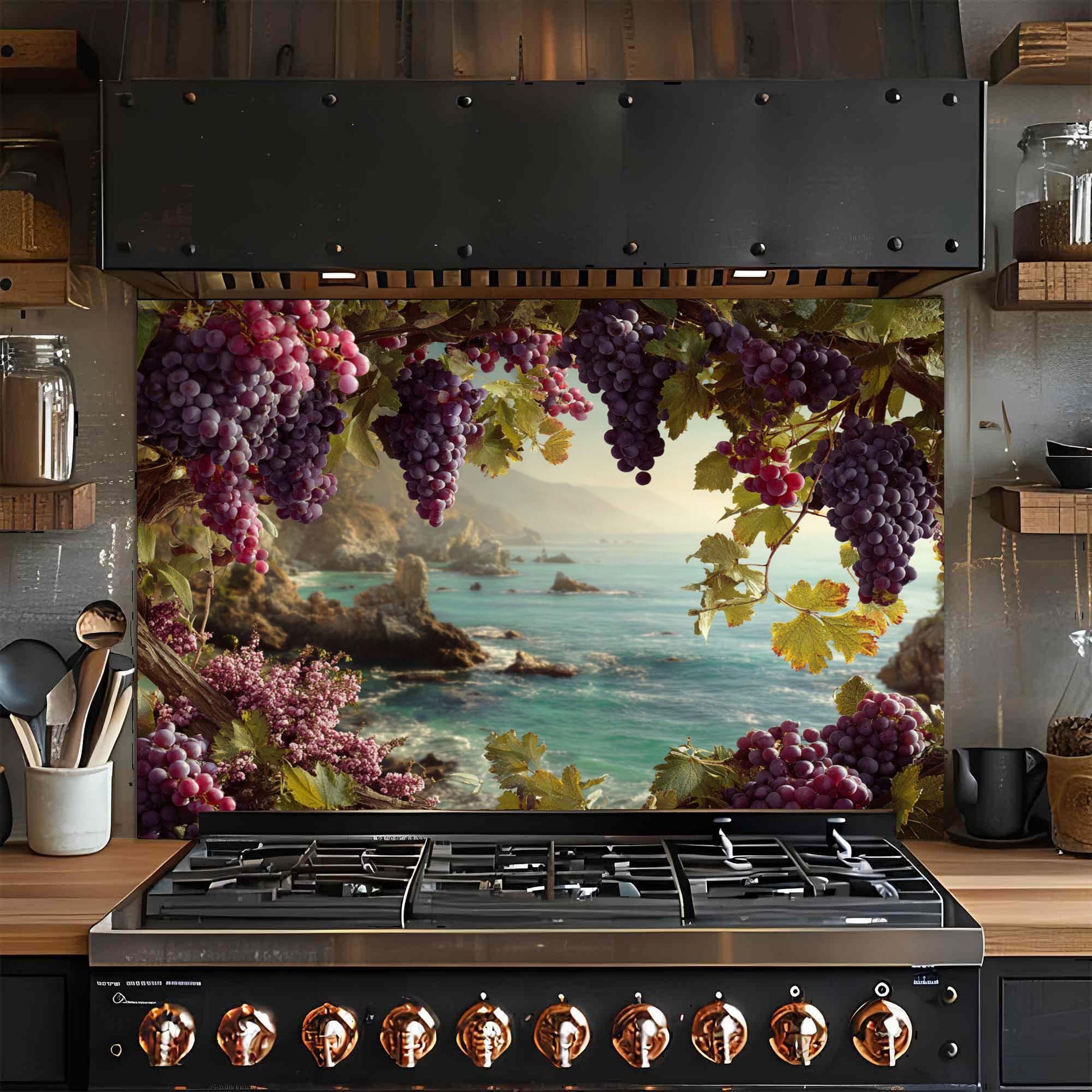 Mediterranean grapevine tempered glass backsplash with ocean view. Elegant stove panel for rustic or vineyard-style kitchens. Heat and stain-resistant.