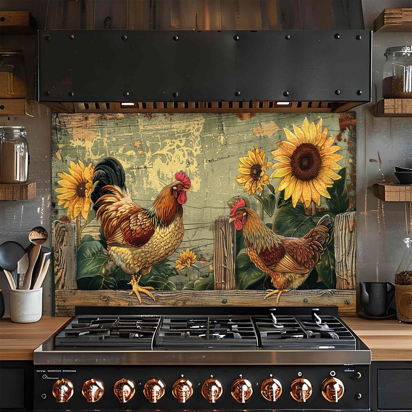 Stainless steel stove with decorative glass backsplash featuring roosters and sunflowers in a rustic kitchen setting.