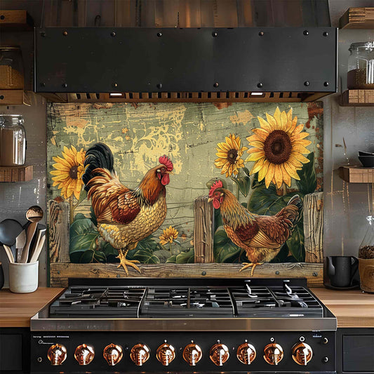 Stainless steel stove with decorative glass backsplash featuring roosters and sunflowers in a rustic kitchen setting.