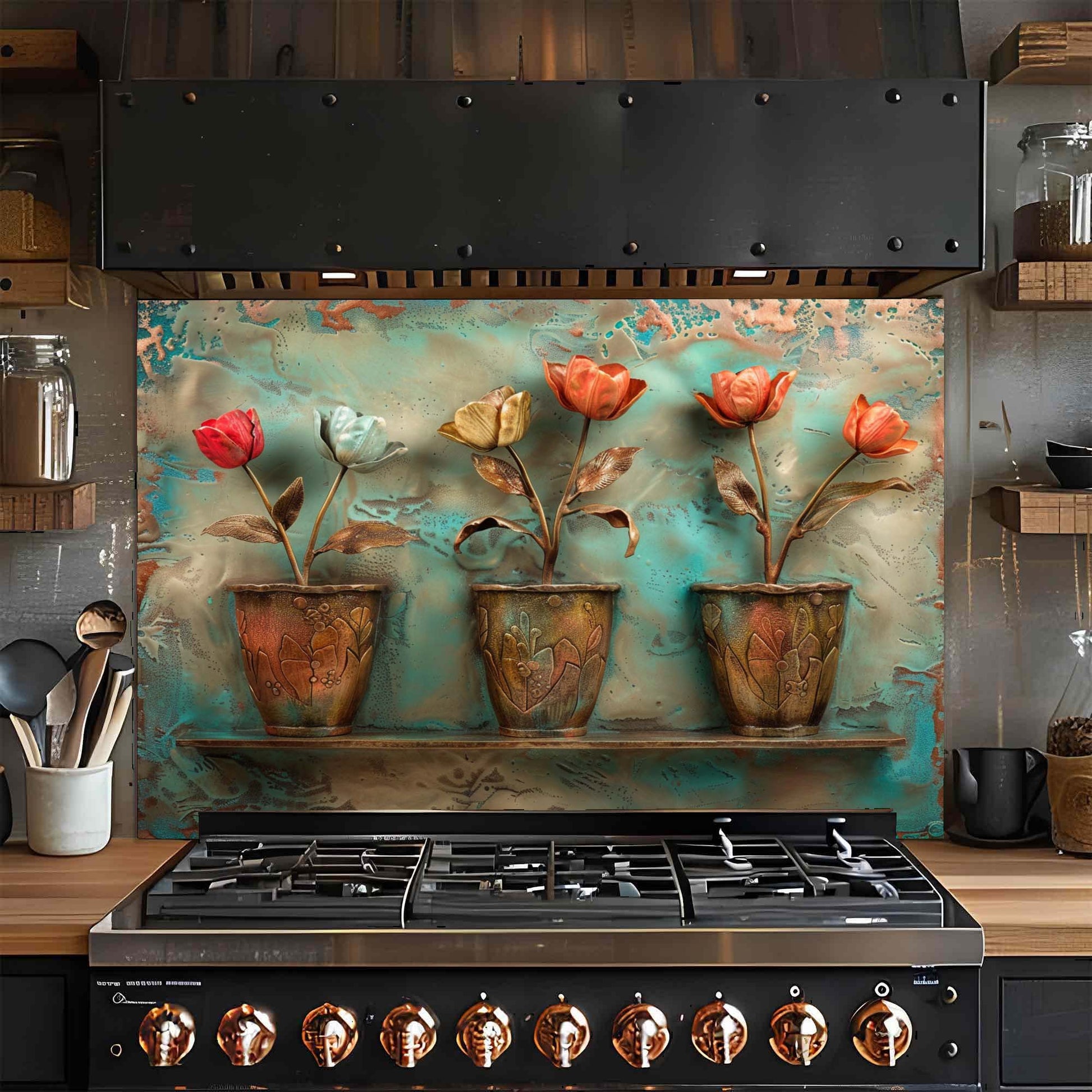 Stainless steel stove with decorative floral glass backsplash in a kitchen setting