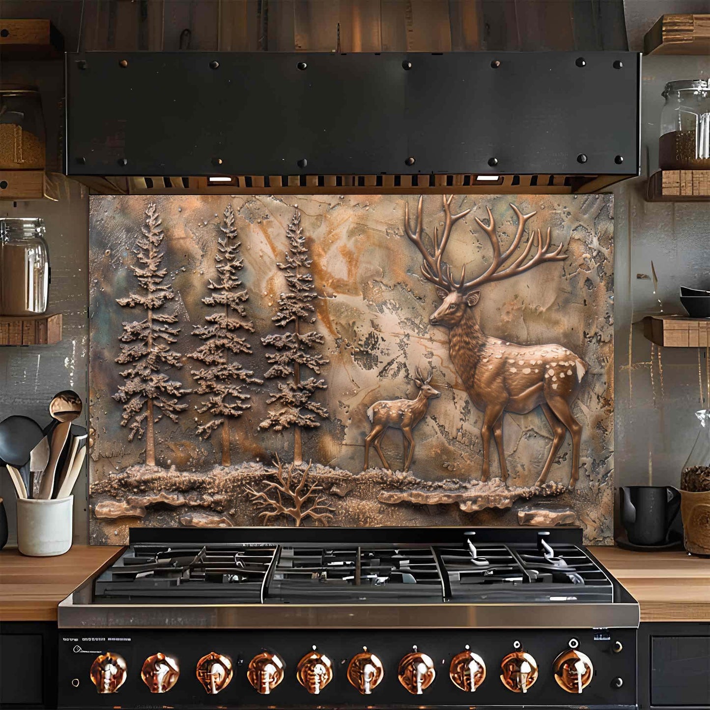 Decorative glass backsplash with deer and trees in a kitchen setting