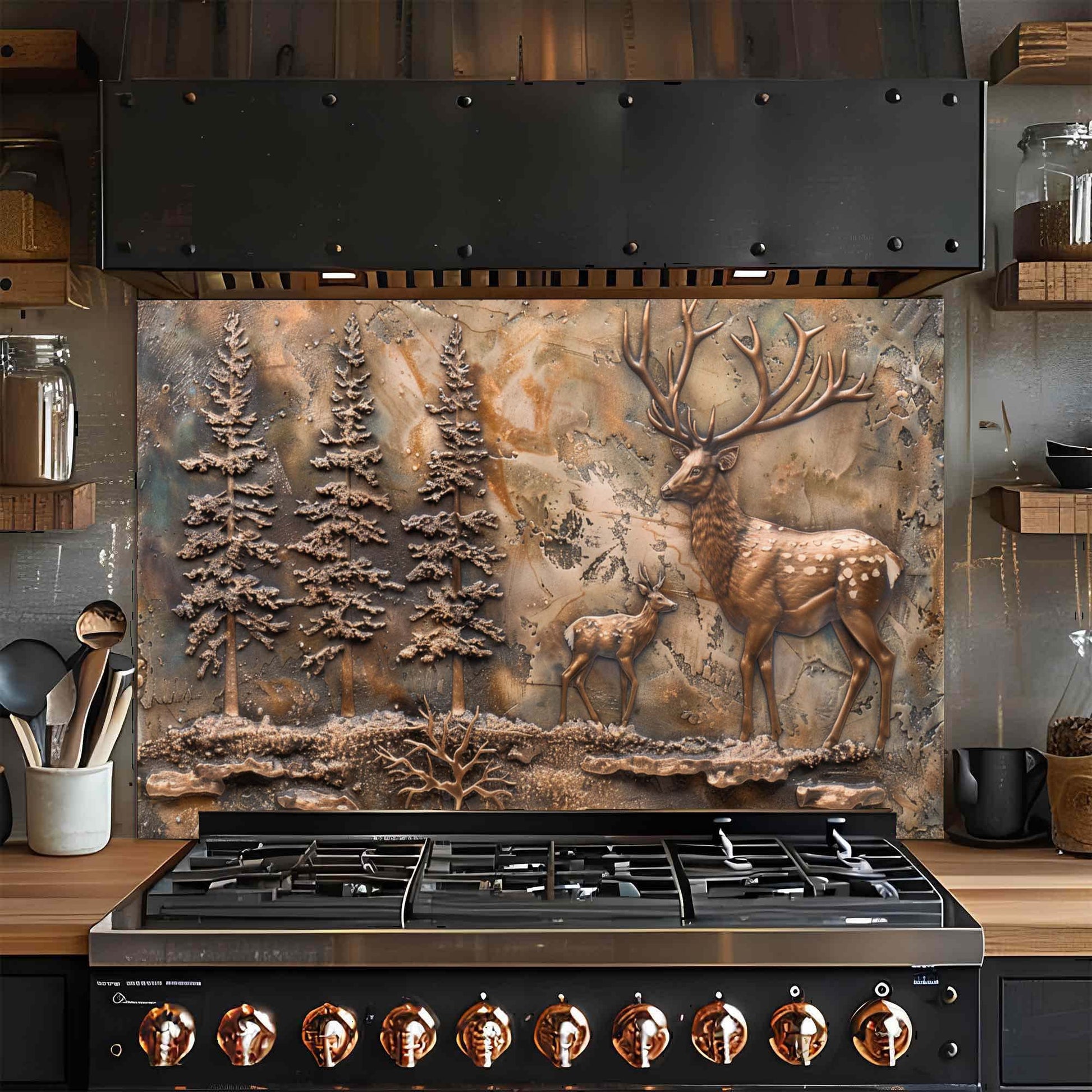 Decorative glass backsplash with deer and trees in a kitchen setting
