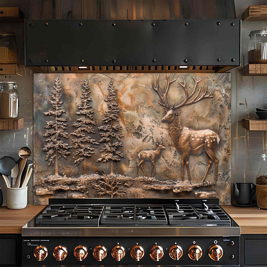 Decorative glass backsplash with deer and trees in a kitchen setting