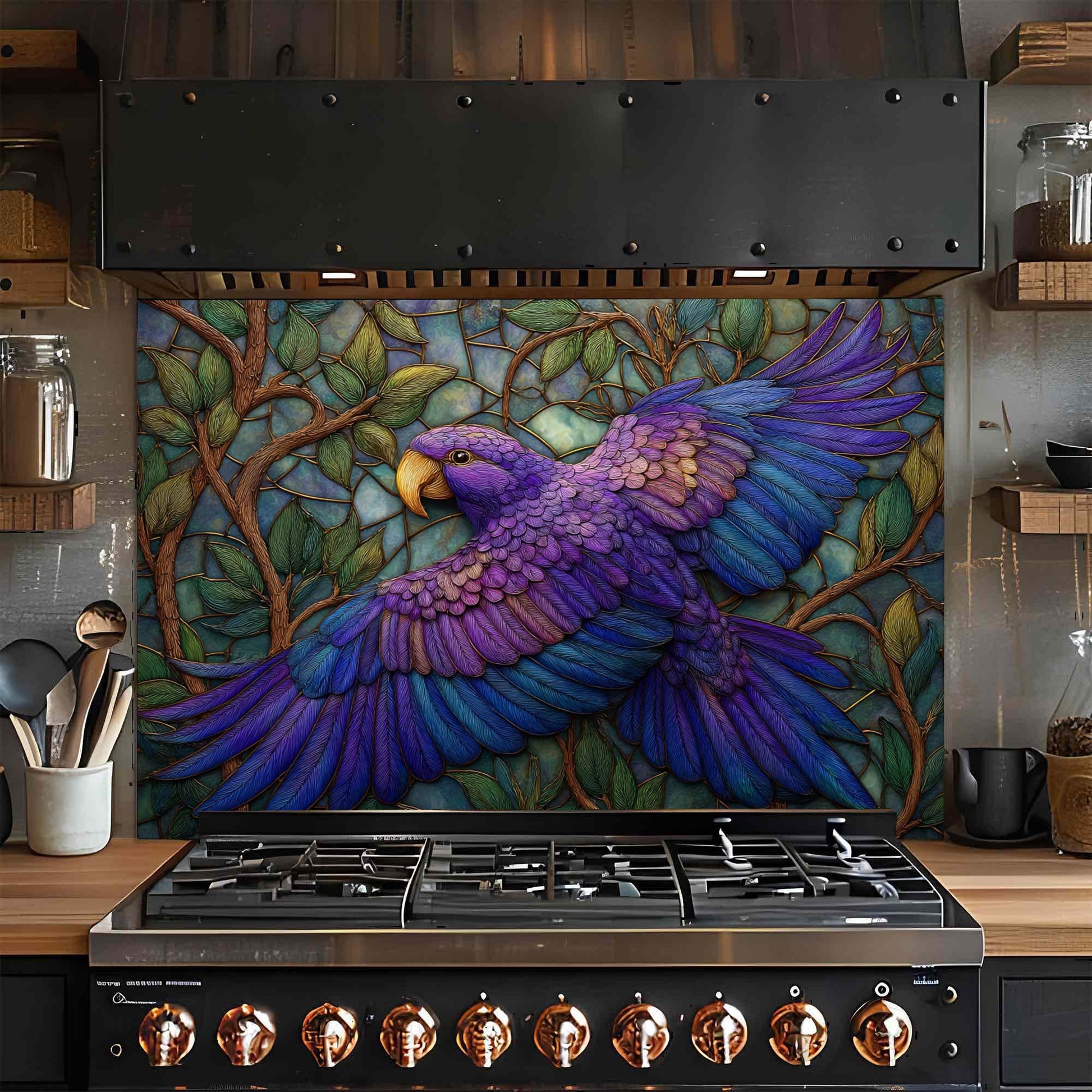 Stainless steel stove with a colorful parrot mural on the glass backsplash in a kitchen setting.