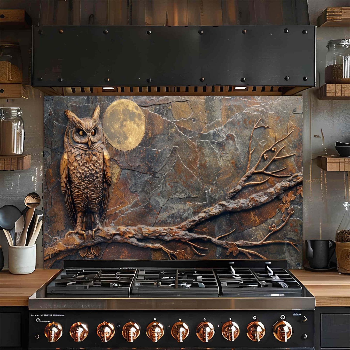 Stainless steel stove with decorative owl glass backsplash in a kitchen setting