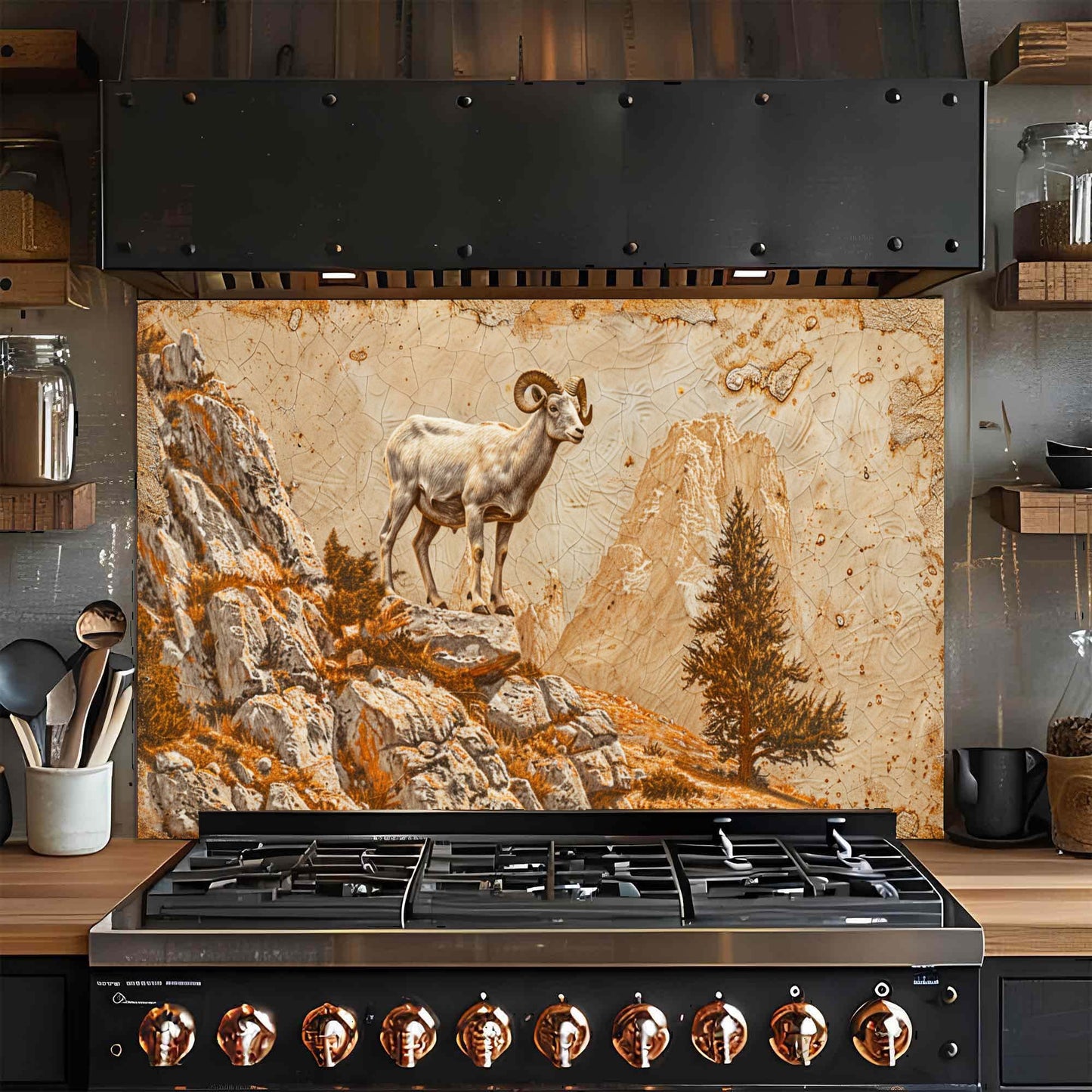 Stainless steel gas stove with decorative mountain scene glass backsplash in a kitchen.