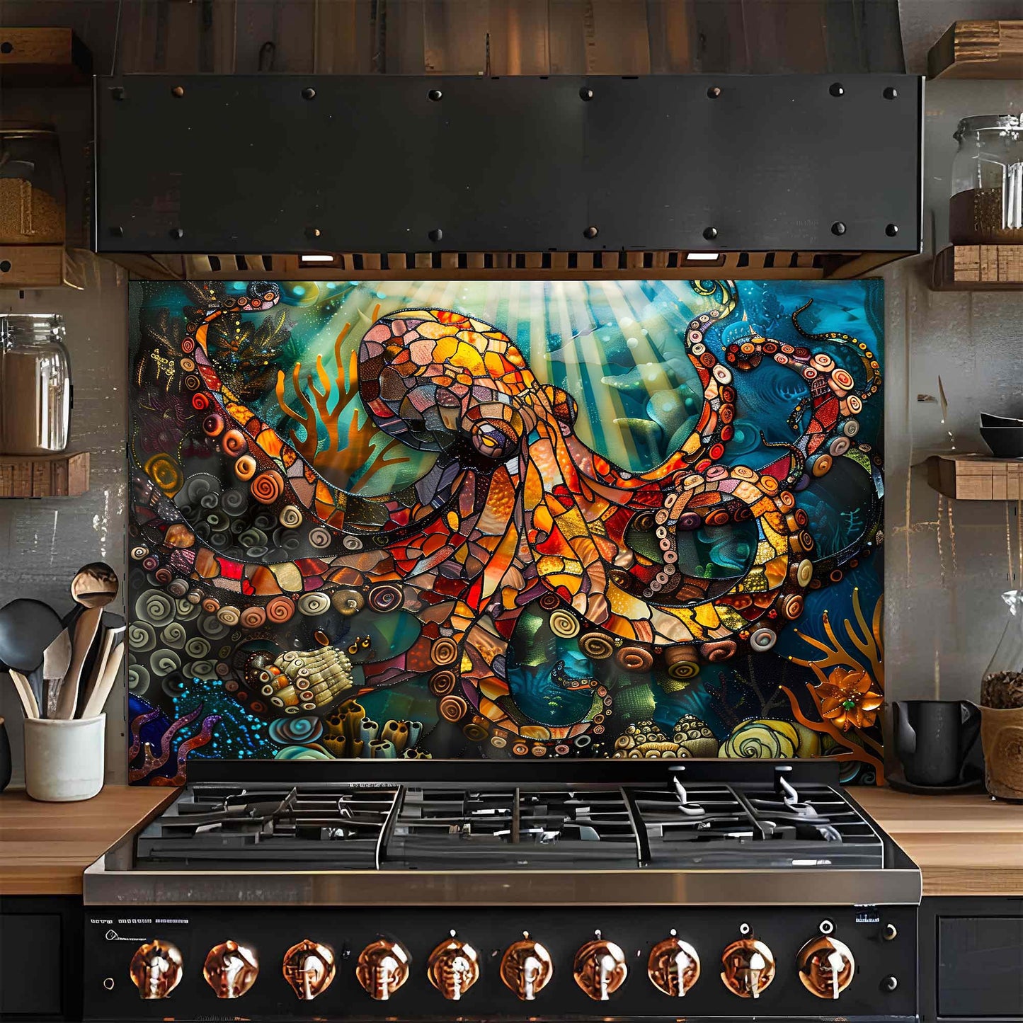 Stainless steel stove with a colorful octopus artwork on the glass backsplash in a kitchen setting.