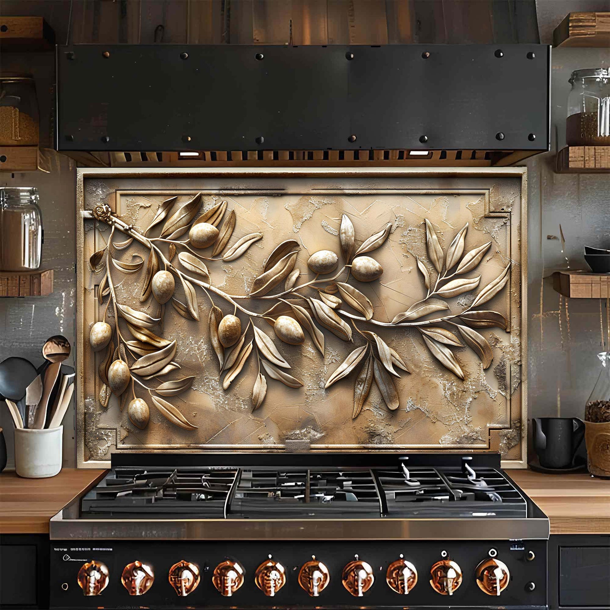 Decorative glass backsplash with leaf design above a stove in a kitchen.