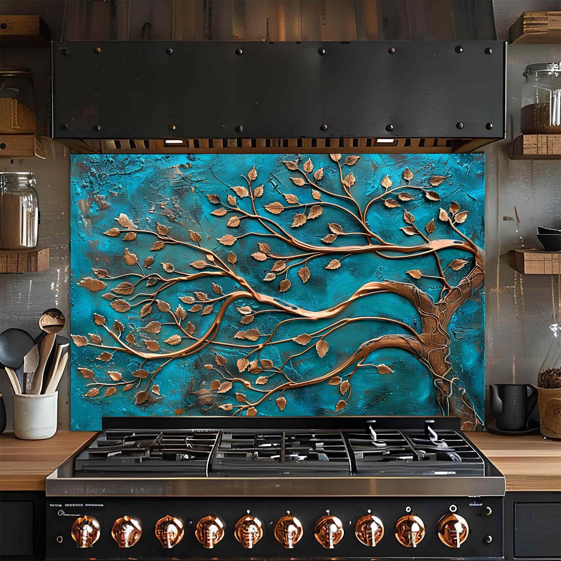 Stainless steel gas stove with decorative blue and bronze leaf design on the glass backsplash