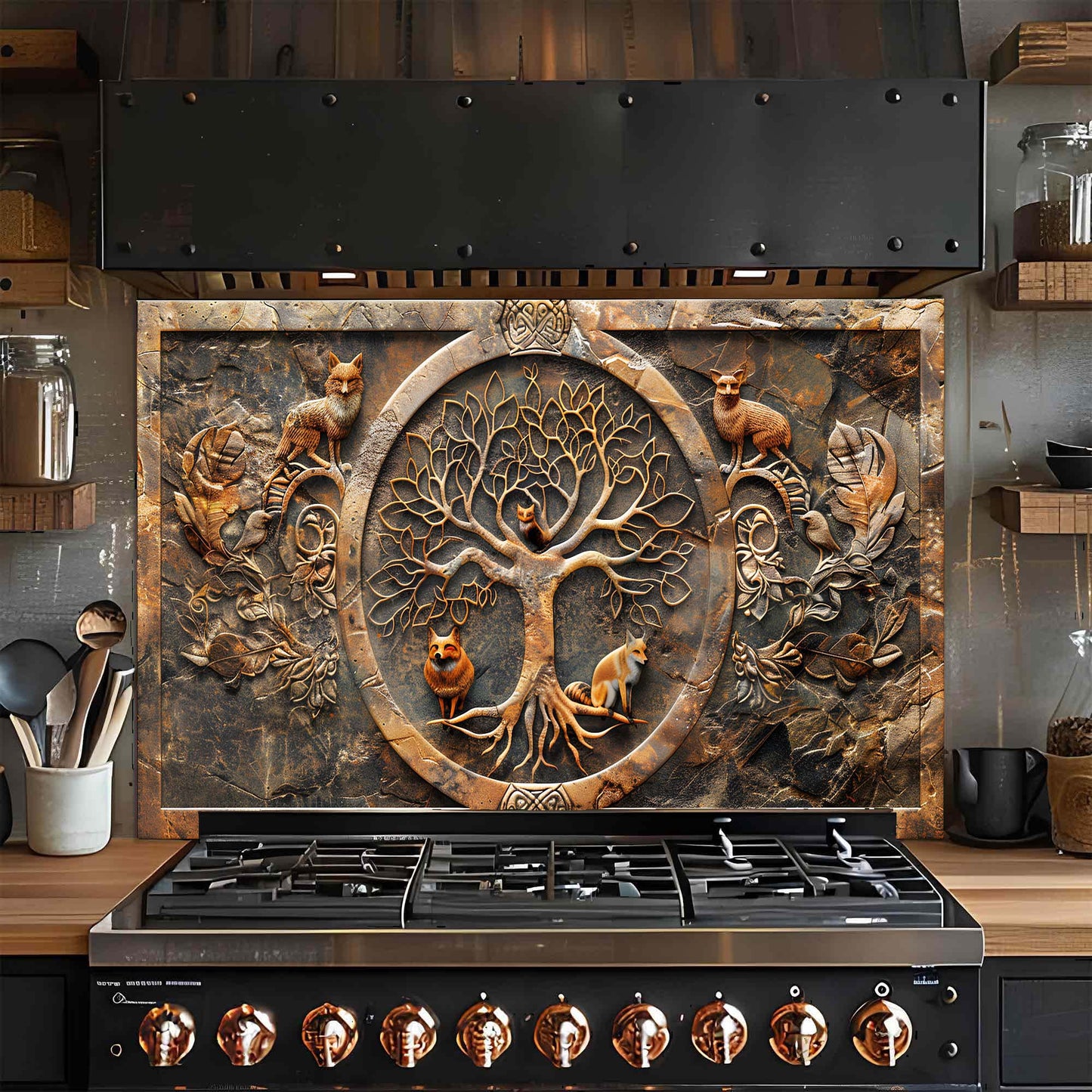 Decorative glass backsplash with tree of life design above a stove in a kitchen.