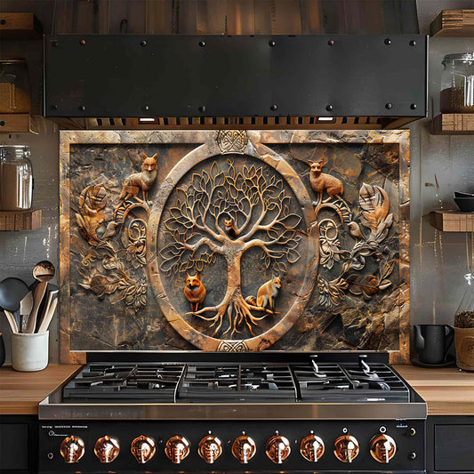 Decorative glass backsplash with tree of life design above a stove in a kitchen.