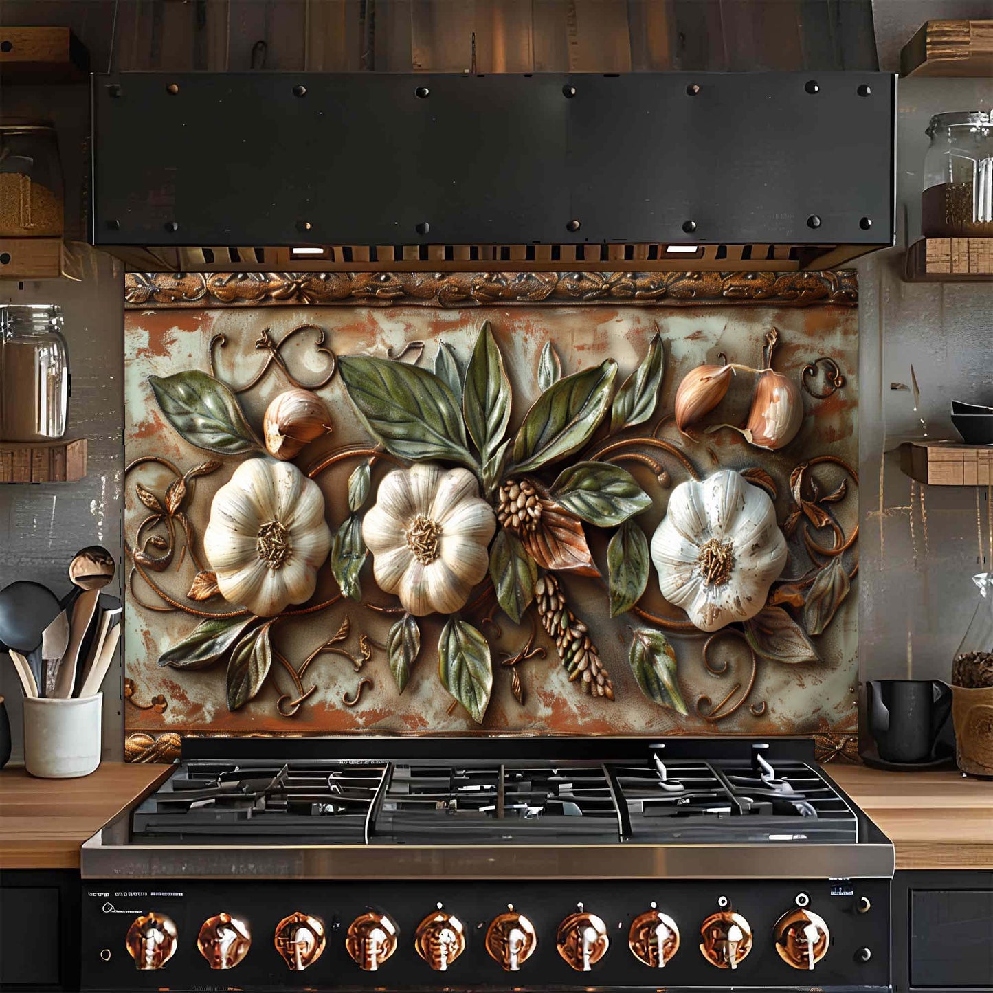 Decorative glass backsplash with floral and fruit design above a stove in a kitchen.
