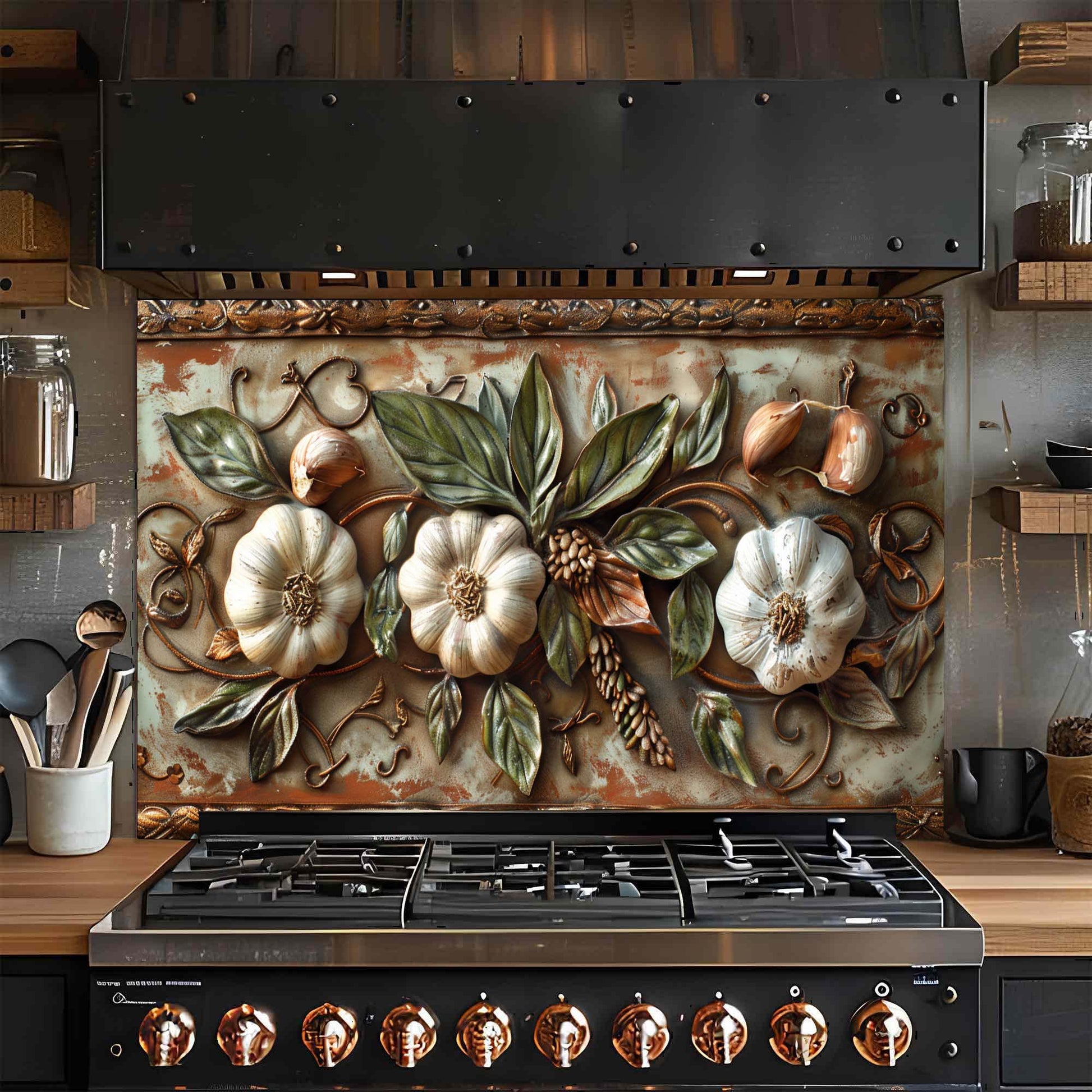 Decorative glass backsplash with floral and fruit design above a stove in a kitchen.
