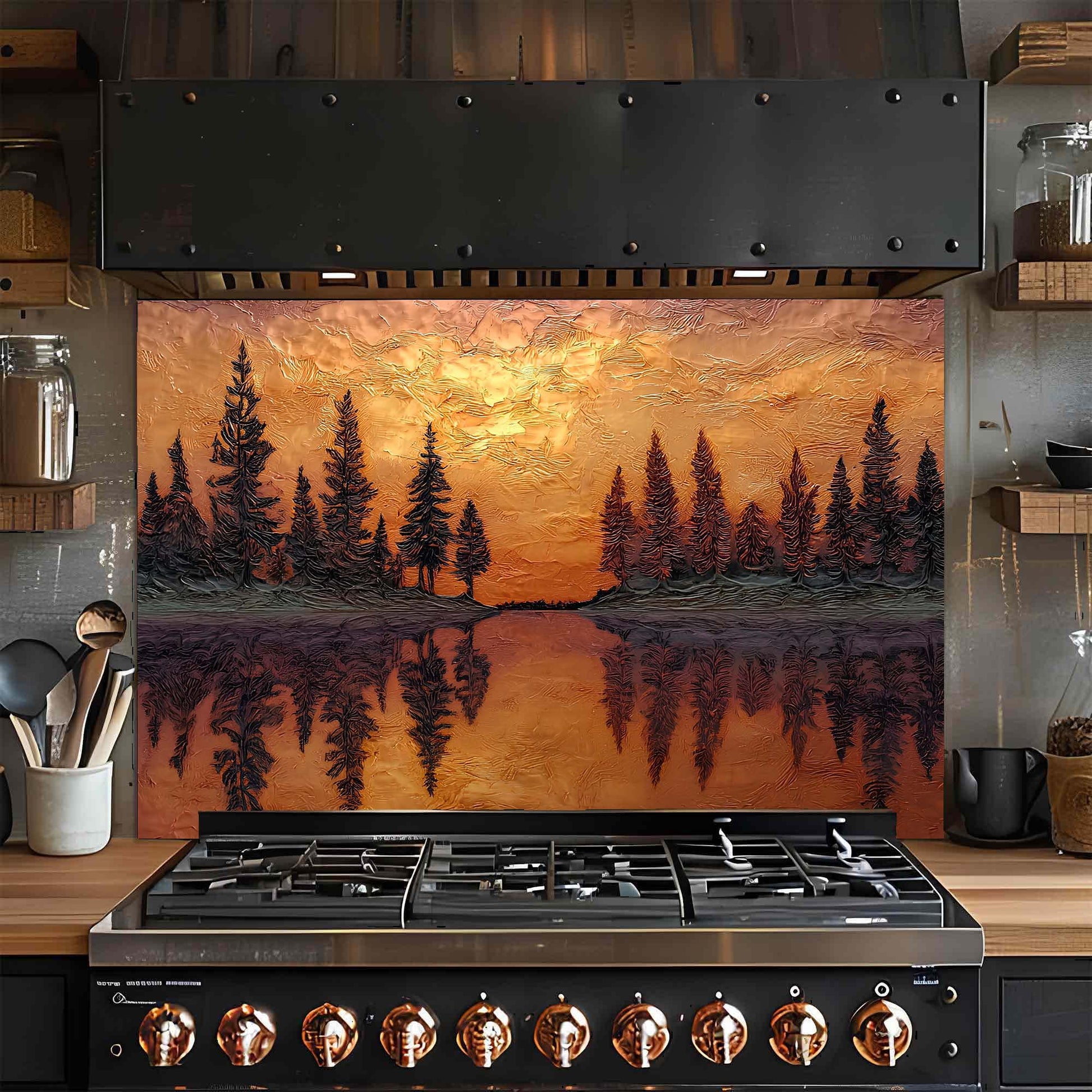Stainless steel gas stove with copper knobs in a kitchen setting, featuring a decorative glass backsplash of a sunset over trees.