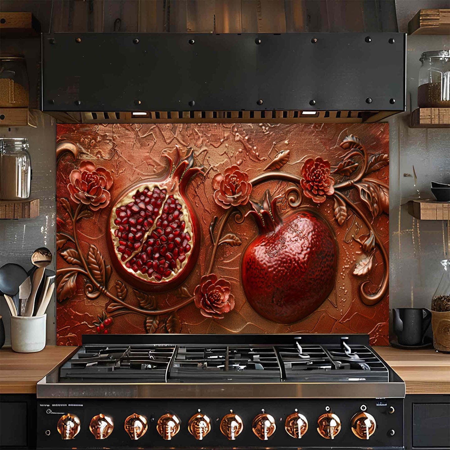 Decorative backsplash with pomegranates and flowers above a stove in a kitchen.